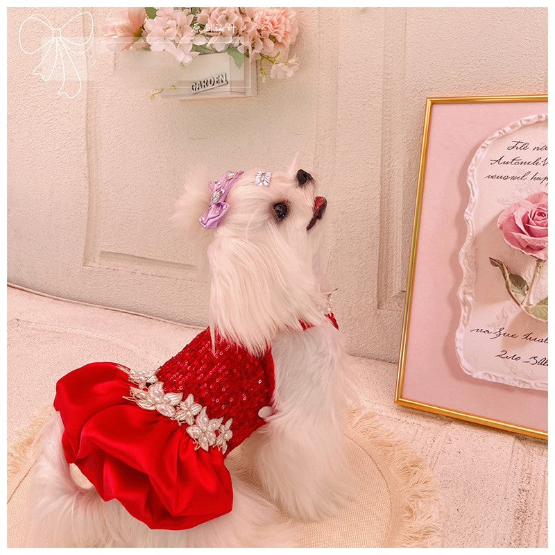 Red Sequin Pearl Dog Dress – Luxury Holiday & Wedding Pet Gown - Image 2