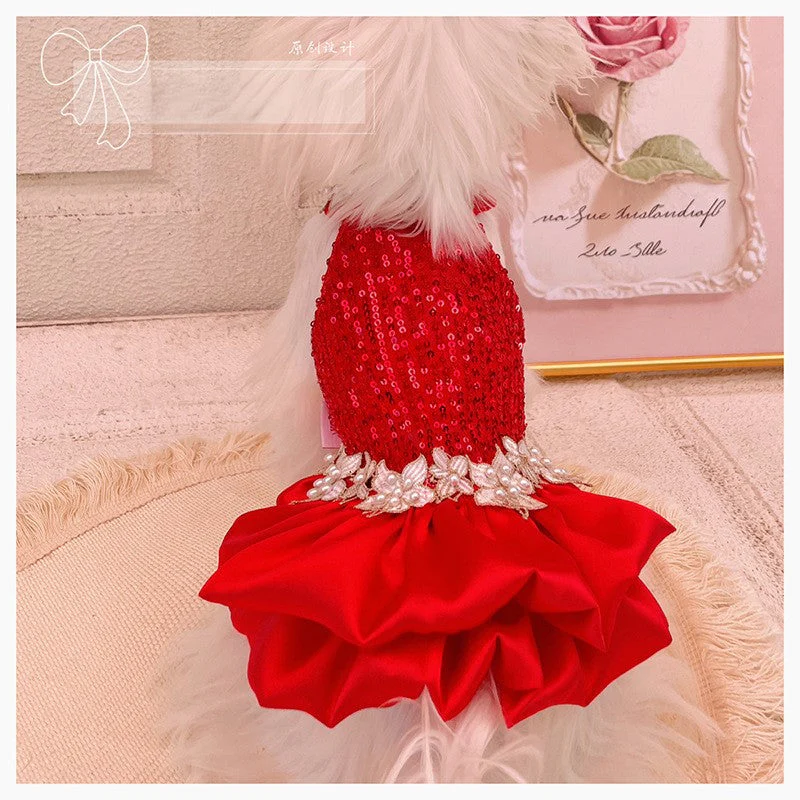 Red Sequin Pearl Dog Dress – Luxury Holiday & Wedding Pet Gown - Image 3