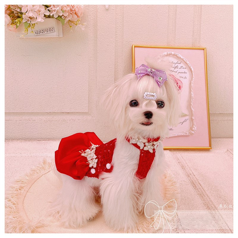 Red Sequin Pearl Dog Dress – Luxury Holiday & Wedding Pet Gown - Image 4