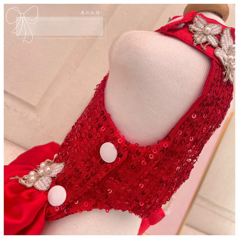 Red Sequin Pearl Dog Dress – Luxury Holiday & Wedding Pet Gown - Image 6