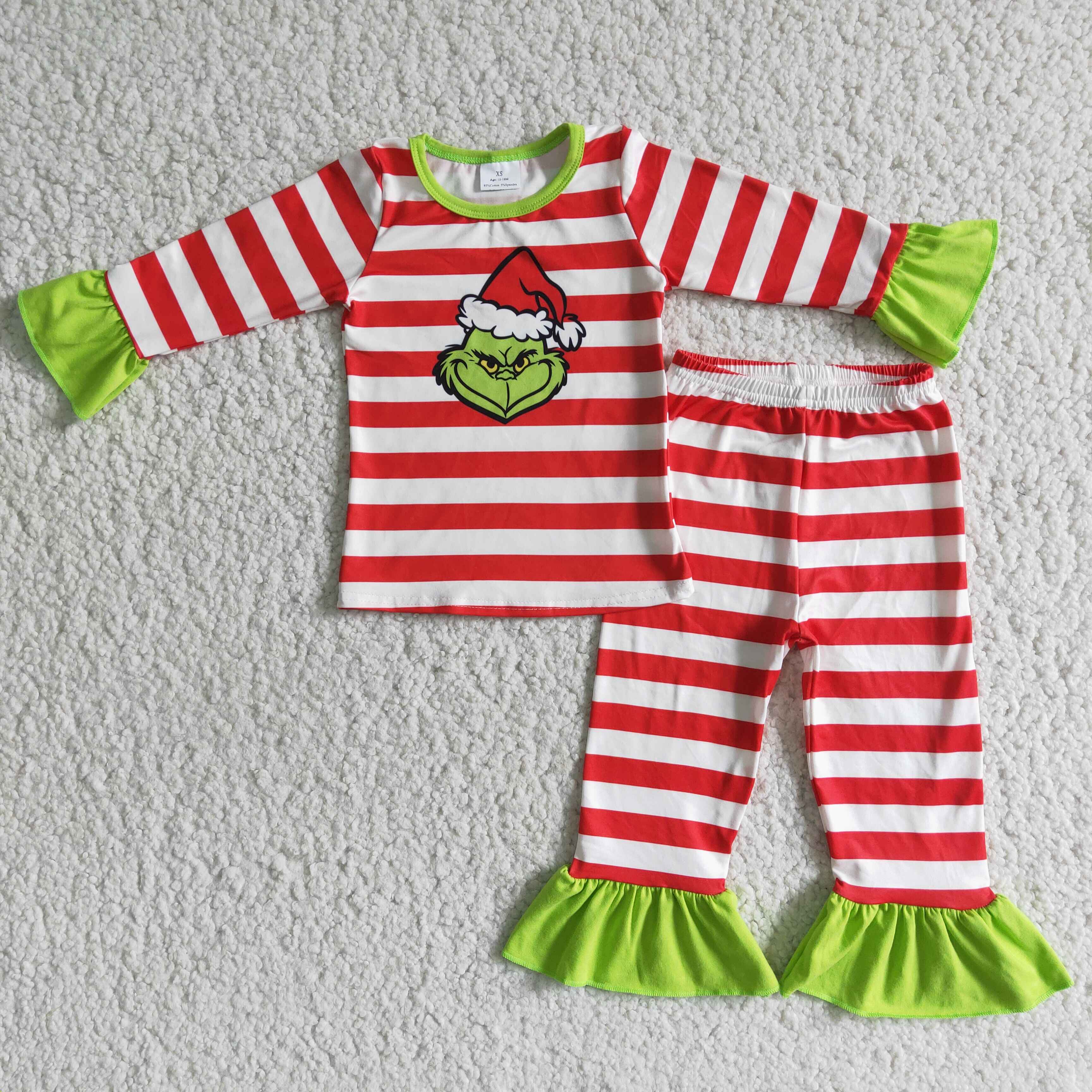 Red stripe green face girls Christmas pajamas - Image 2