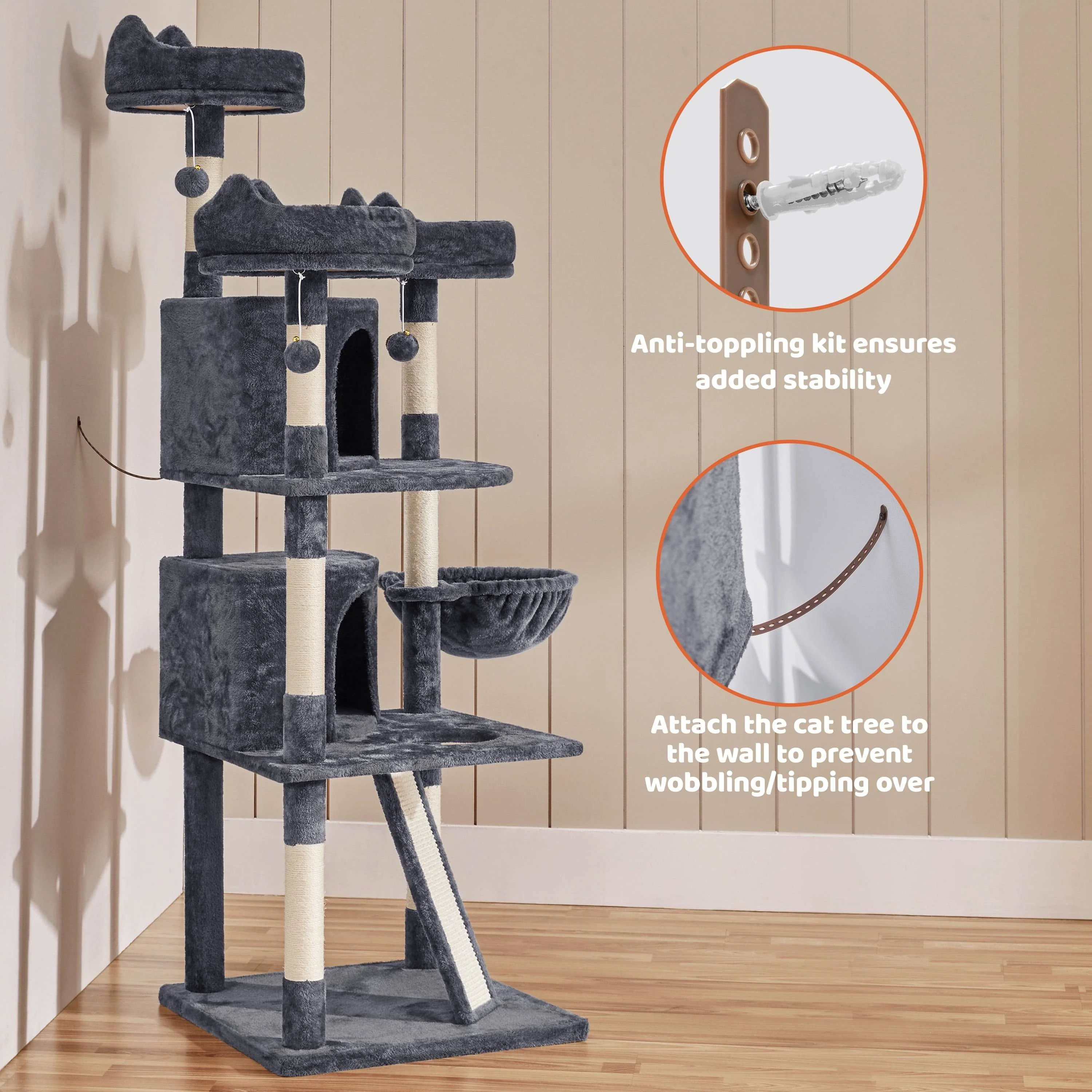Renwick 69in Large Cat Tree Tower with Condos &amp; Scratching Board - Dark Gray - Image 8