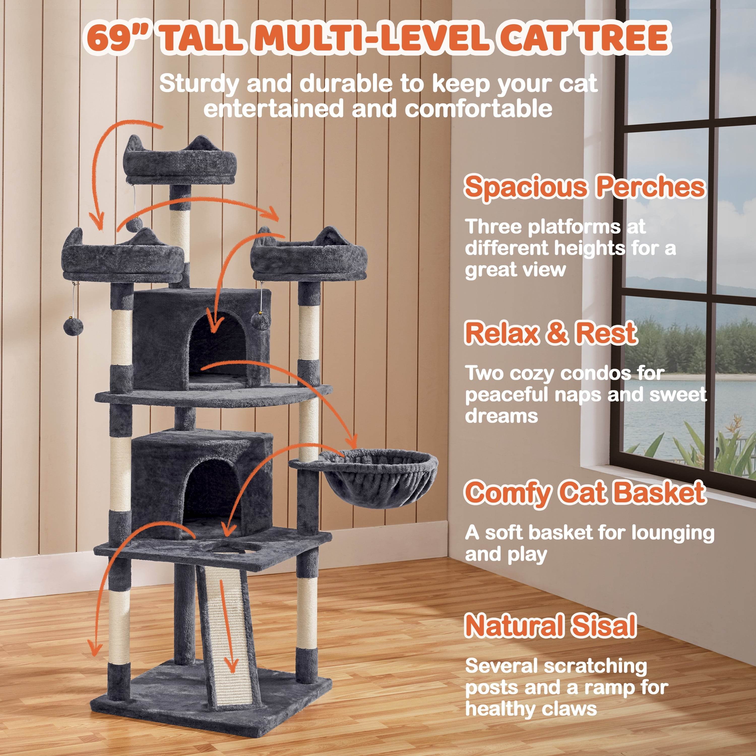 Renwick 69in Large Cat Tree Tower with Condos &amp; Scratching Board - Dark Gray - Image 9