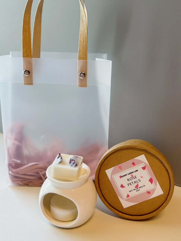 Rose Petal Wax Melter Gift Set | Ceramic Melter + 4oz Soy Wax Melts + Tealight Candle - Image 2