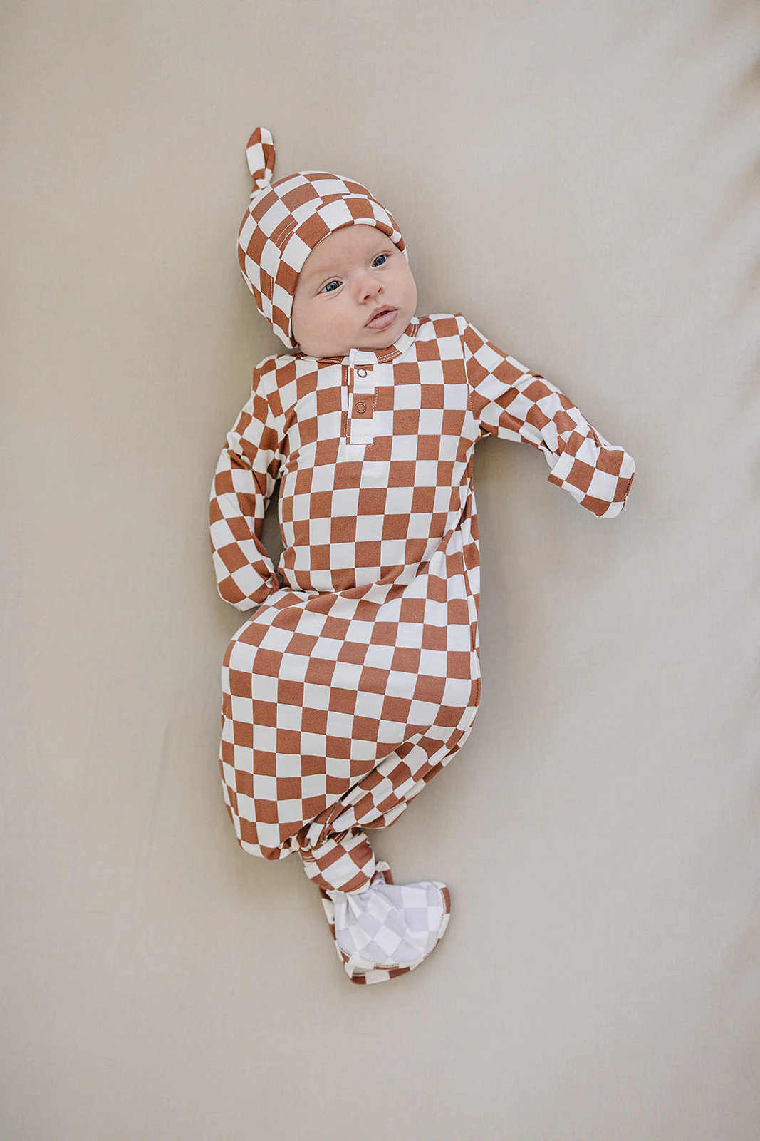 Rust Checkered Bamboo Newborn Knot Hat - Image 2