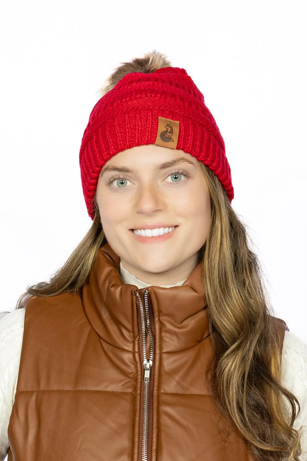 Scarlet Ribbed Beanie with Pom - Image 2