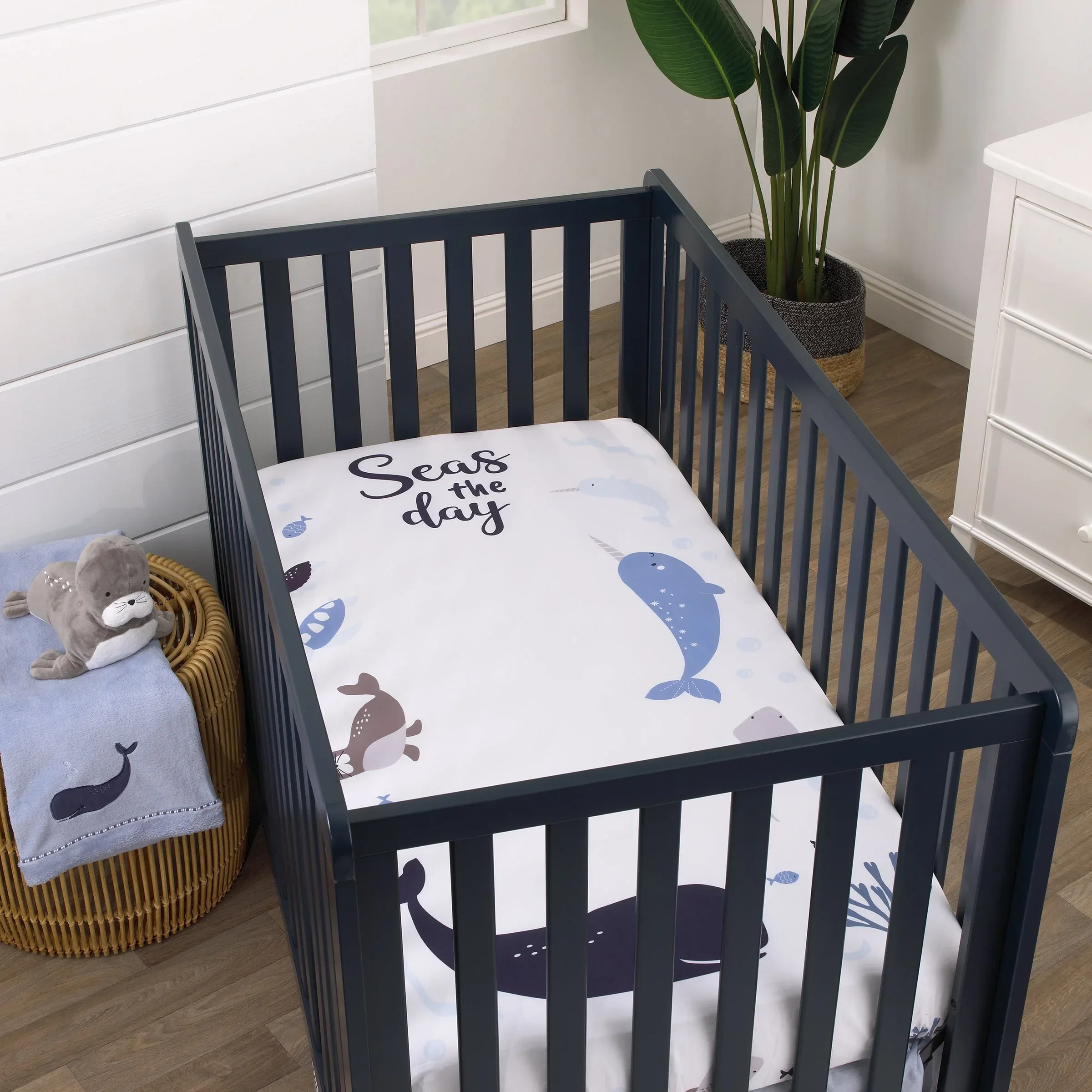 Seas The Day Multi Sea Animals Blue and White 100% Cotton Photo Op Fitted Crib Sheet - Image 2