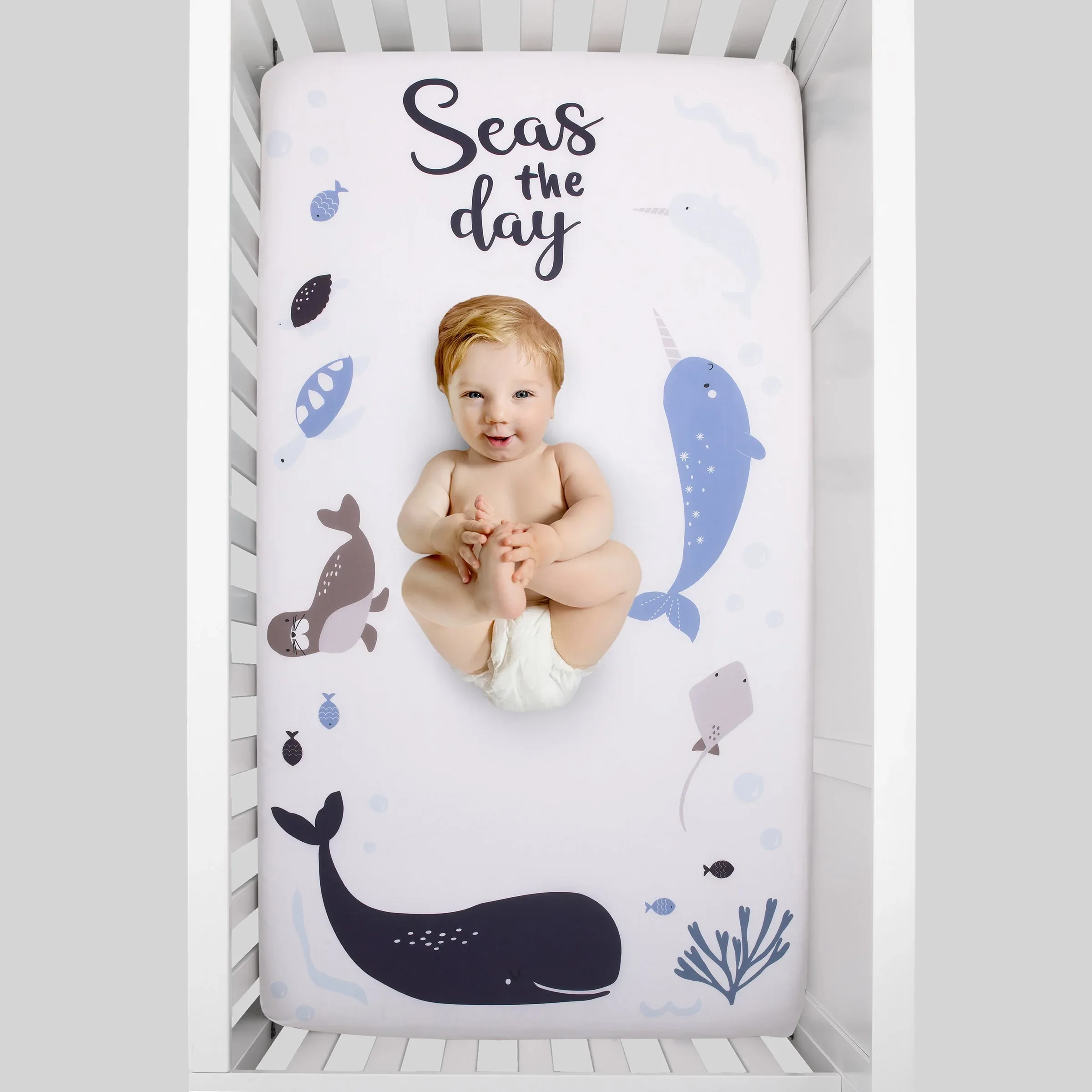 Seas The Day Multi Sea Animals Blue and White 100% Cotton Photo Op Fitted Crib Sheet - Image 3