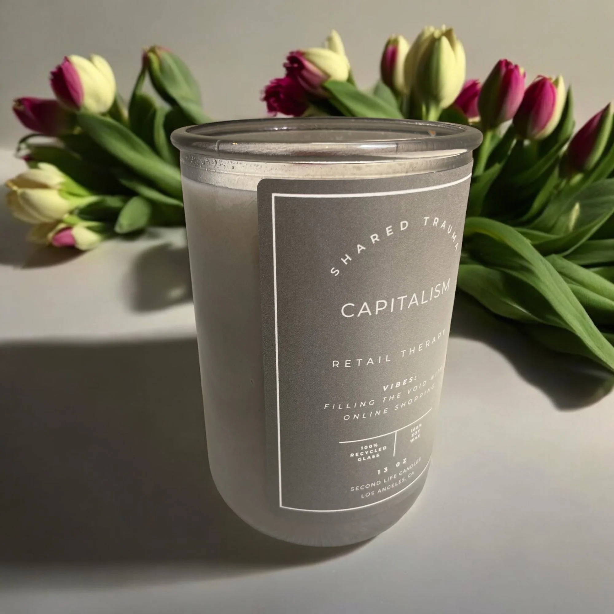 Shared Trauma Candles - Capitalism - 13 Oz Crackling Wood Wick - Tulips & Gardenia - Image 4