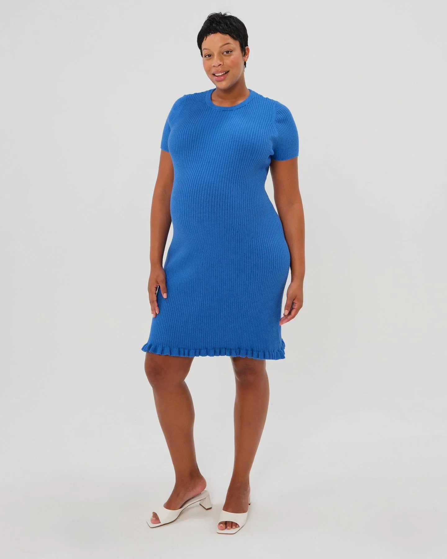 Short Sleeve Knit Maternity Dress with Playful Hem Detail - Image 5