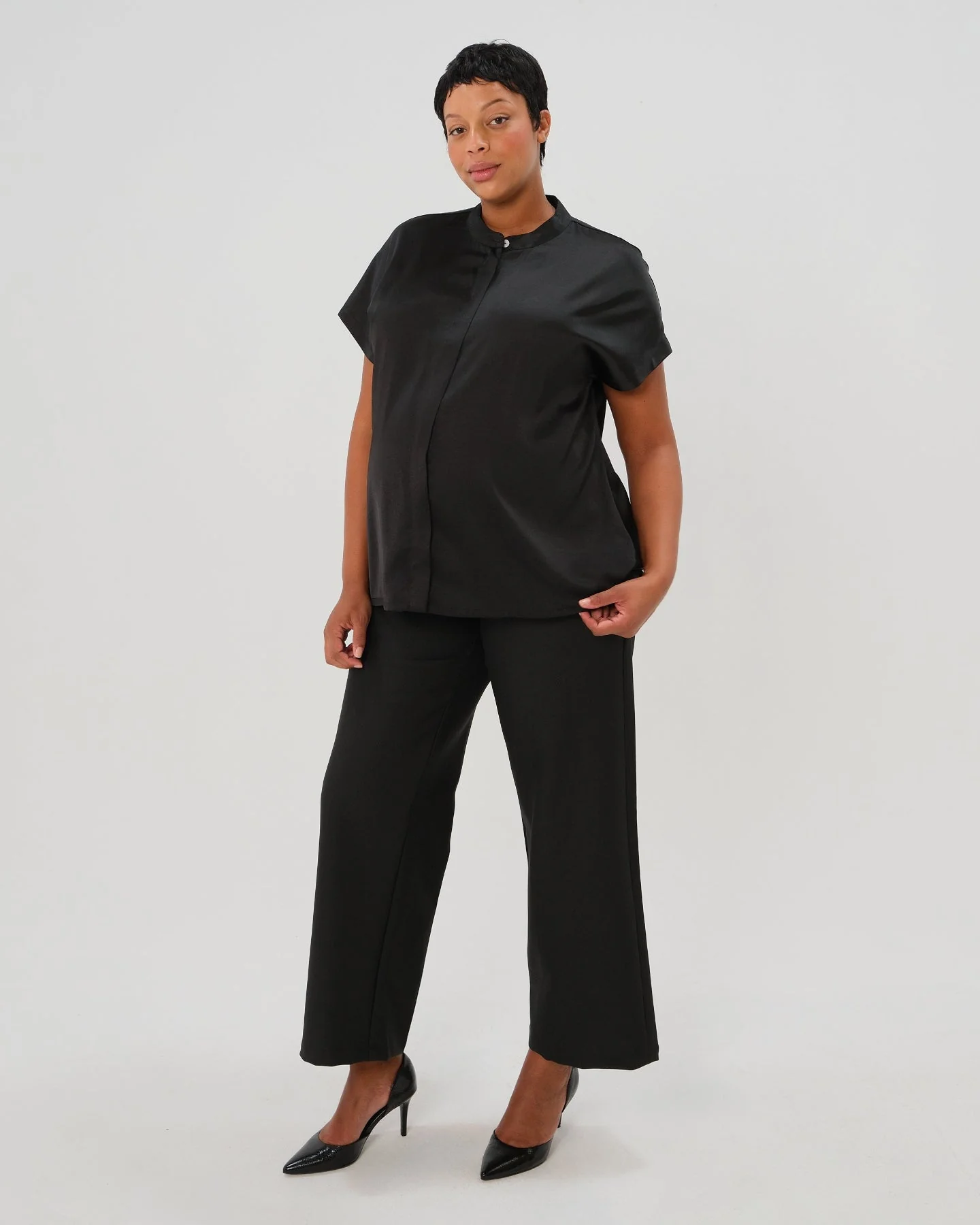 Short Sleeve Satin Maternity Shell Top with Concealed Nursing Zip - Image 11