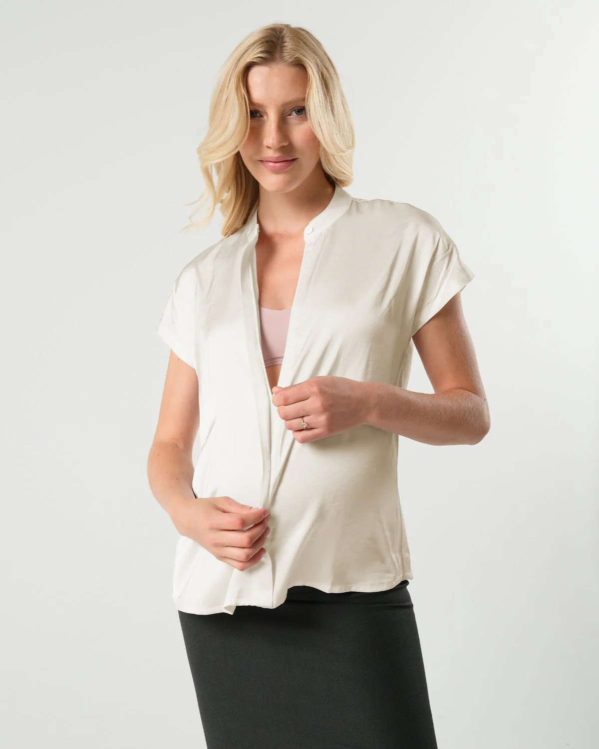 Short Sleeve Satin Maternity Shell Top with Concealed Nursing Zip - Image 4