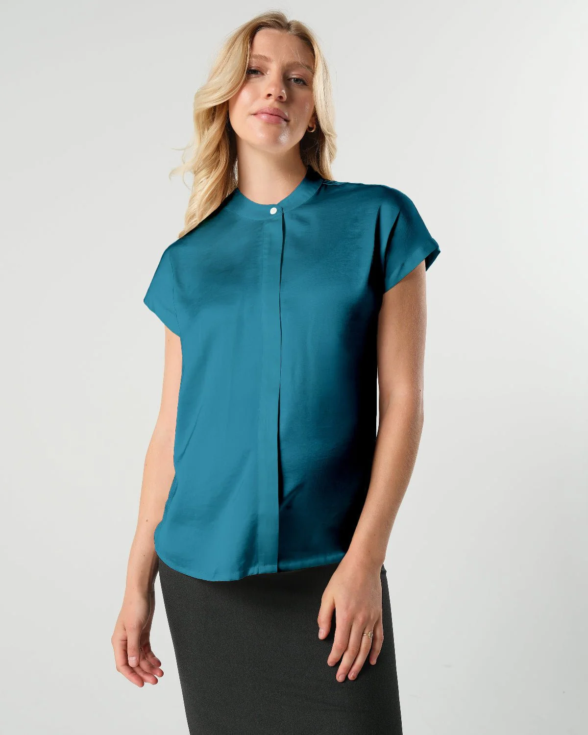 Short Sleeve Satin Maternity Shell Top with Concealed Nursing Zip - Image 6