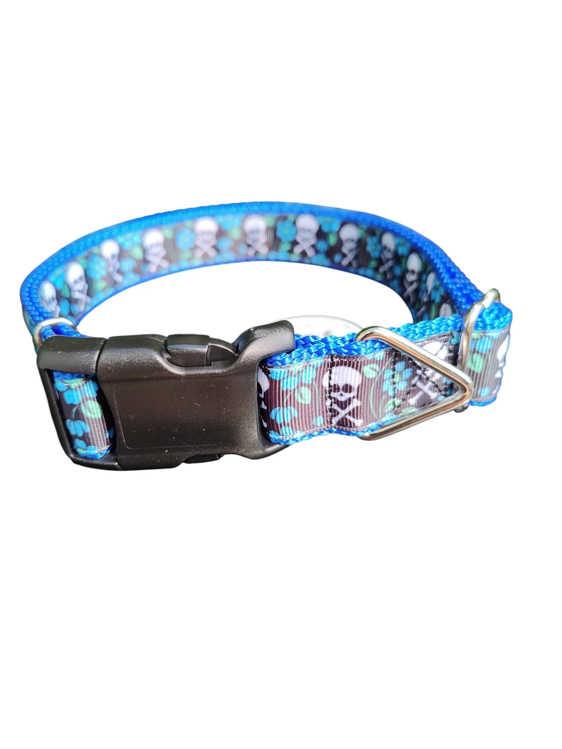 Skull and Crossbones Blue Flowers Nylon Dog Collar - Image 2