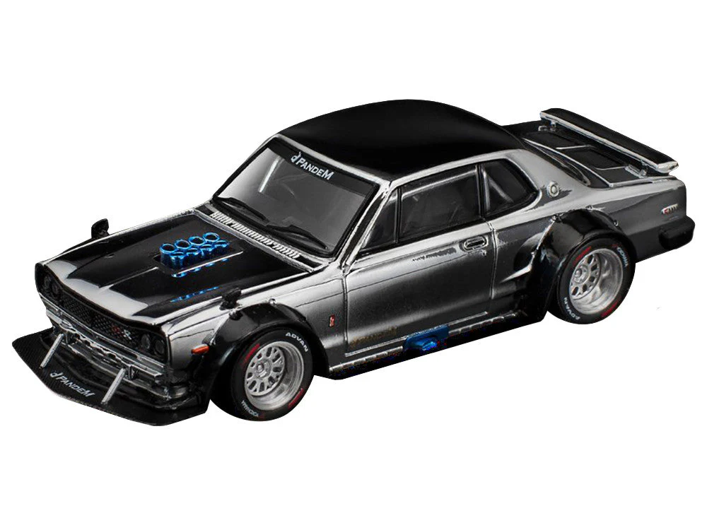 Skyline GT-R V8 Drift "Hakosuka" RHD (Right Hand Drive) Silver Chrome with Black Hood and Top 1/64 Diecast Model Car by Pop Race - Image 2