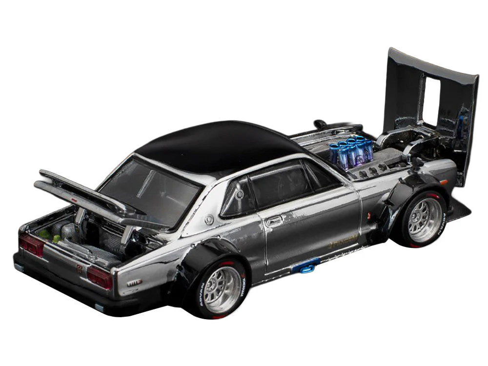 Skyline GT-R V8 Drift "Hakosuka" RHD (Right Hand Drive) Silver Chrome with Black Hood and Top 1/64 Diecast Model Car by Pop Race - Image 3