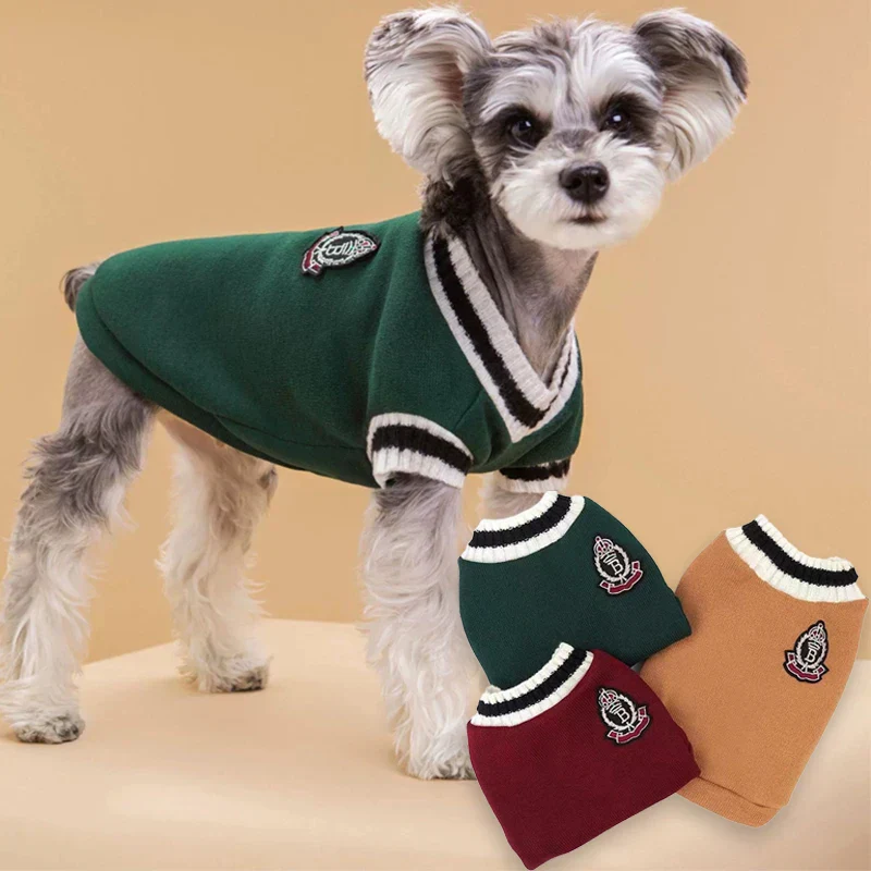 Small Dog Winter Sweater - V-Neck College Style Knitwear - Image 3