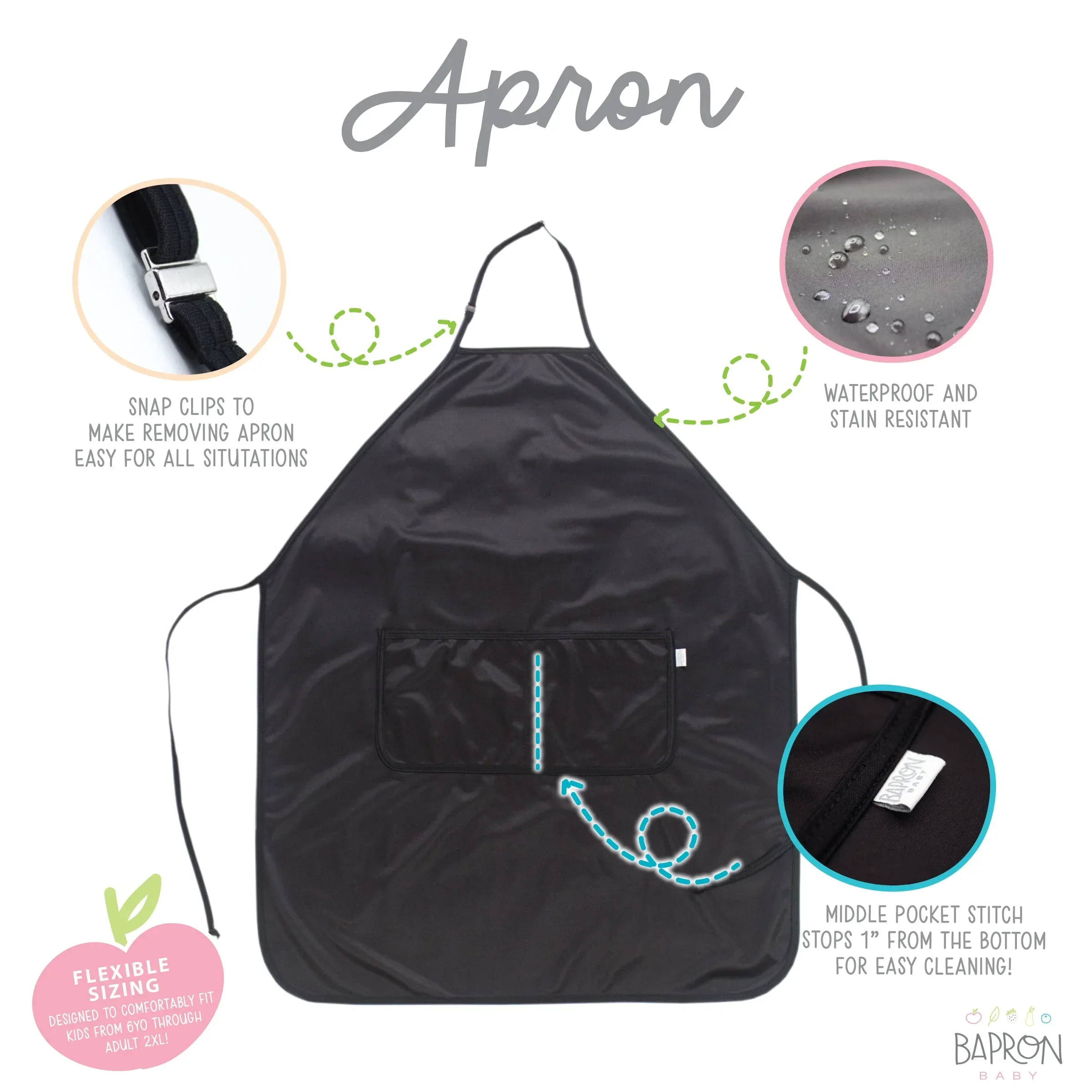 Solid Black Minimalist Apron - fits sizes youth small through adult 2XL - Image 4