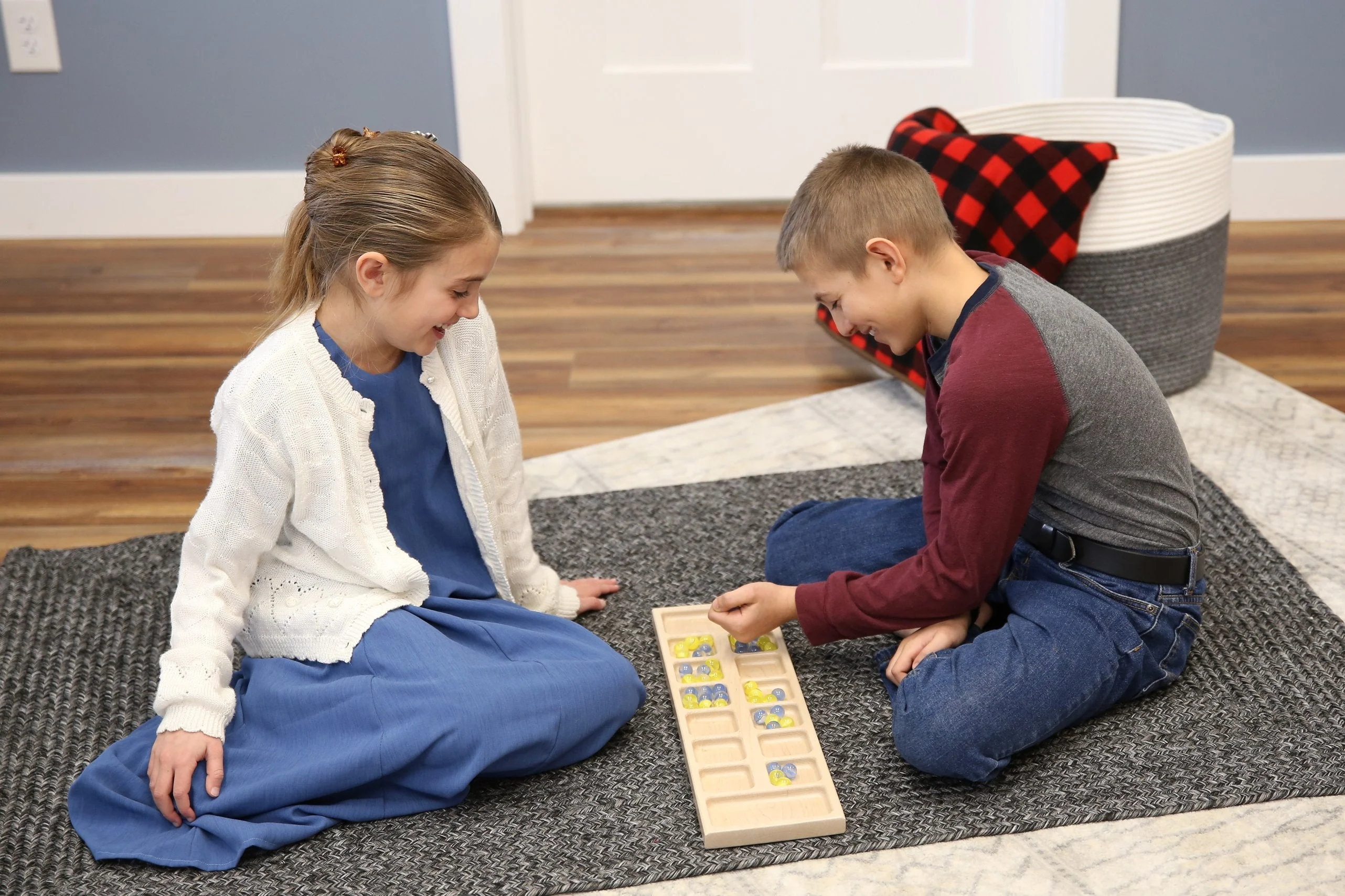 Solid Oak Wood Mancala Board Game Set With Marbles, Amish-Made - Image 2