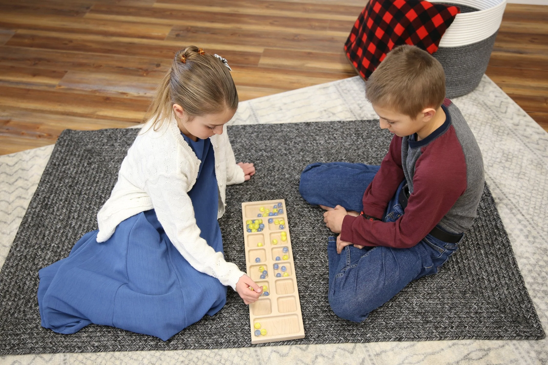 Solid Oak Wood Mancala Board Game Set With Marbles, Amish-Made - Image 4