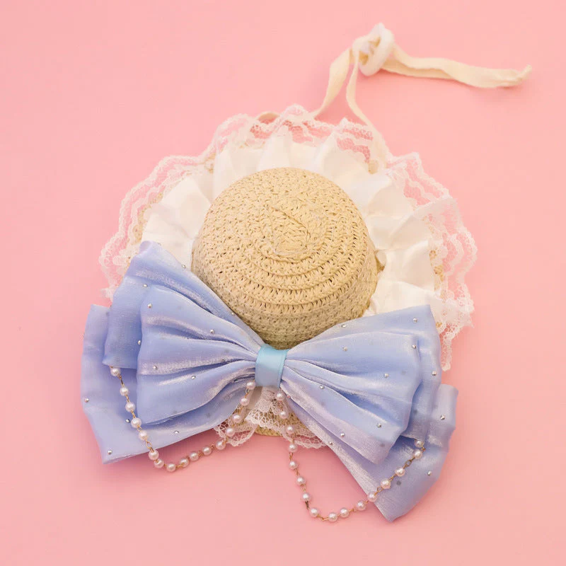 Straw Pet Hat with Lace & Bow Decoration - Image 2