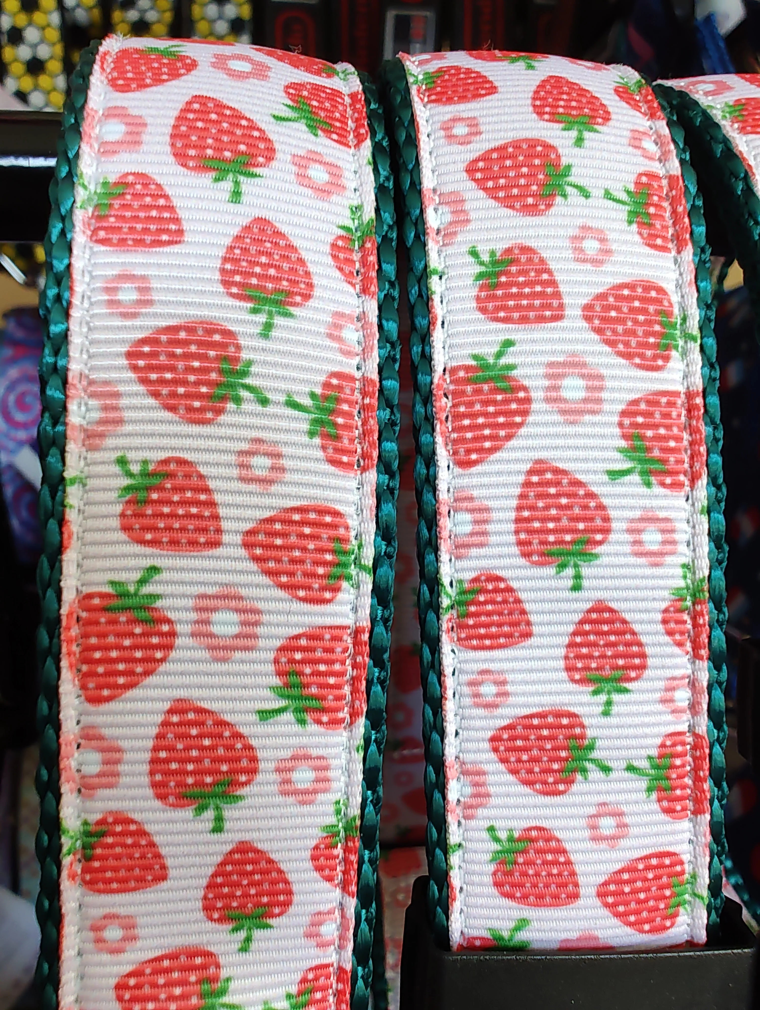 Strawberry Flowers Green Nylon Dog Collar MD, LG, XL, Leash - Image 2