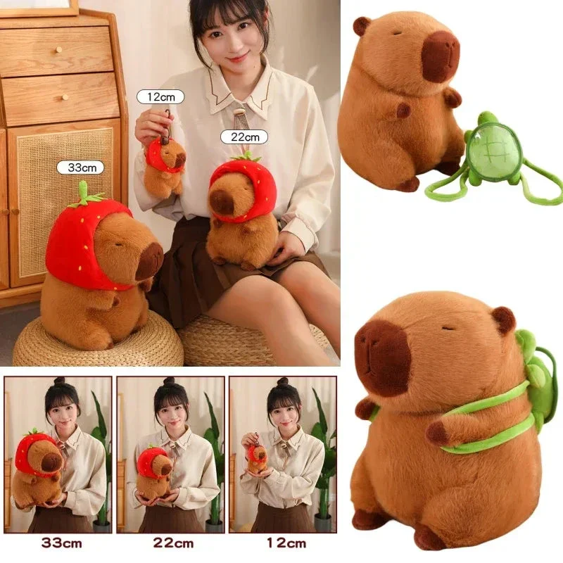 Strawberry Hat Capybara Plush – Small Turtle Backpack Pendant Toy - Image 2