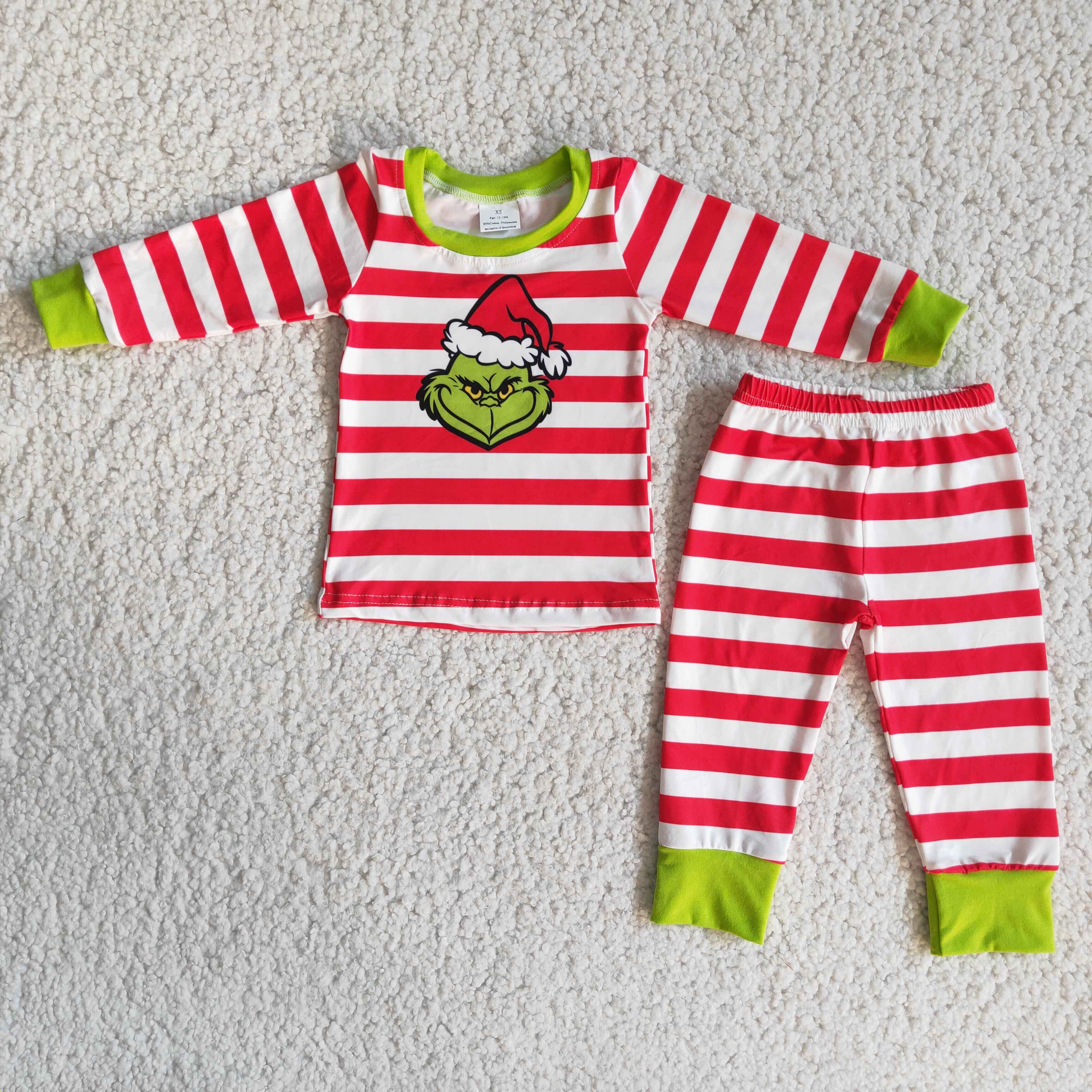Stripe long sleeve green face boy Christmas pajamas - Image 3