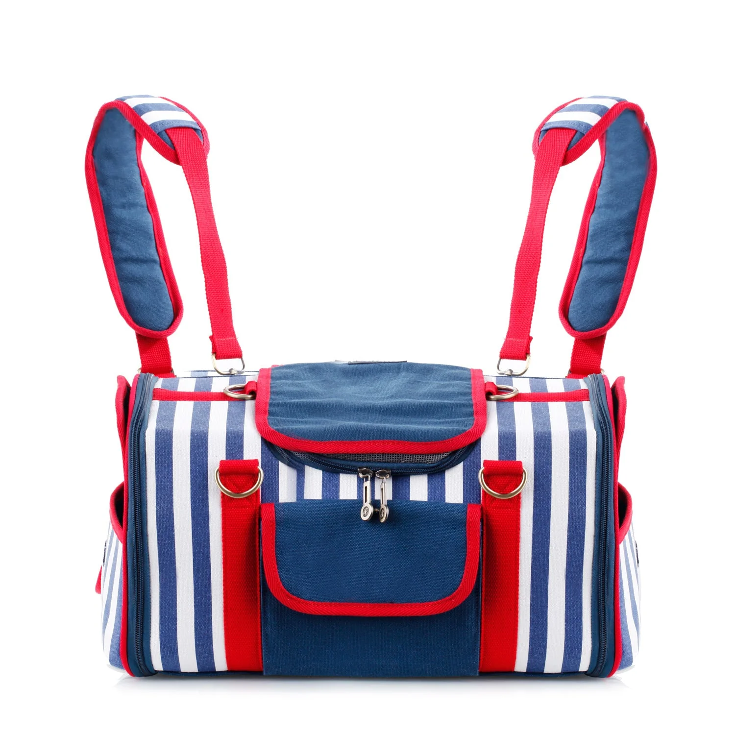 Striped Pet Carrier Bag Canvas Travel Tote with Breathable Mesh - Image 2