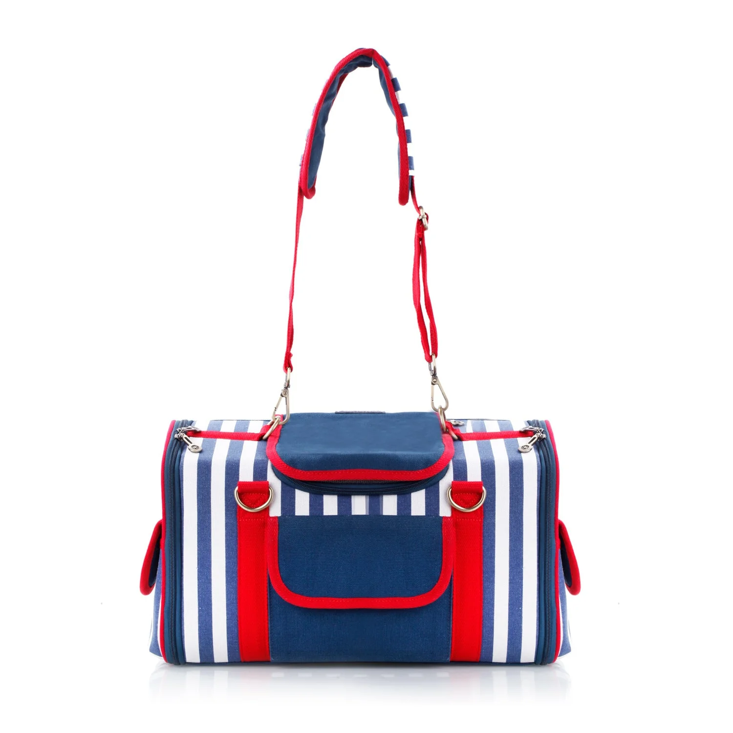 Striped Pet Carrier Bag Canvas Travel Tote with Breathable Mesh - Image 3