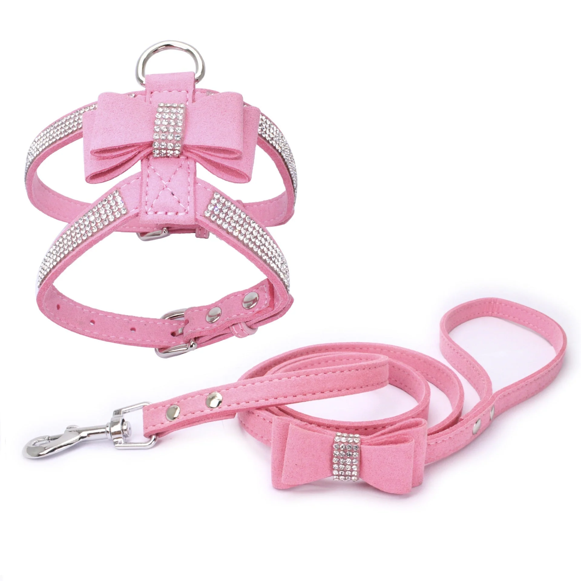 Suede Dog Harness & Leash Set – Rhinestone Bow, Soft & Elegant - Image 3