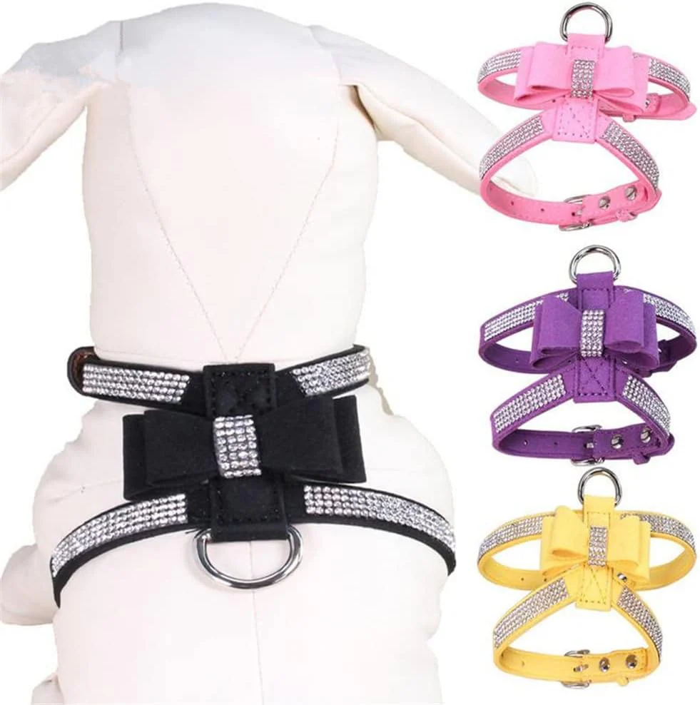 Suede Dog Harness & Leash Set – Rhinestone Bow, Soft & Elegant - Image 8