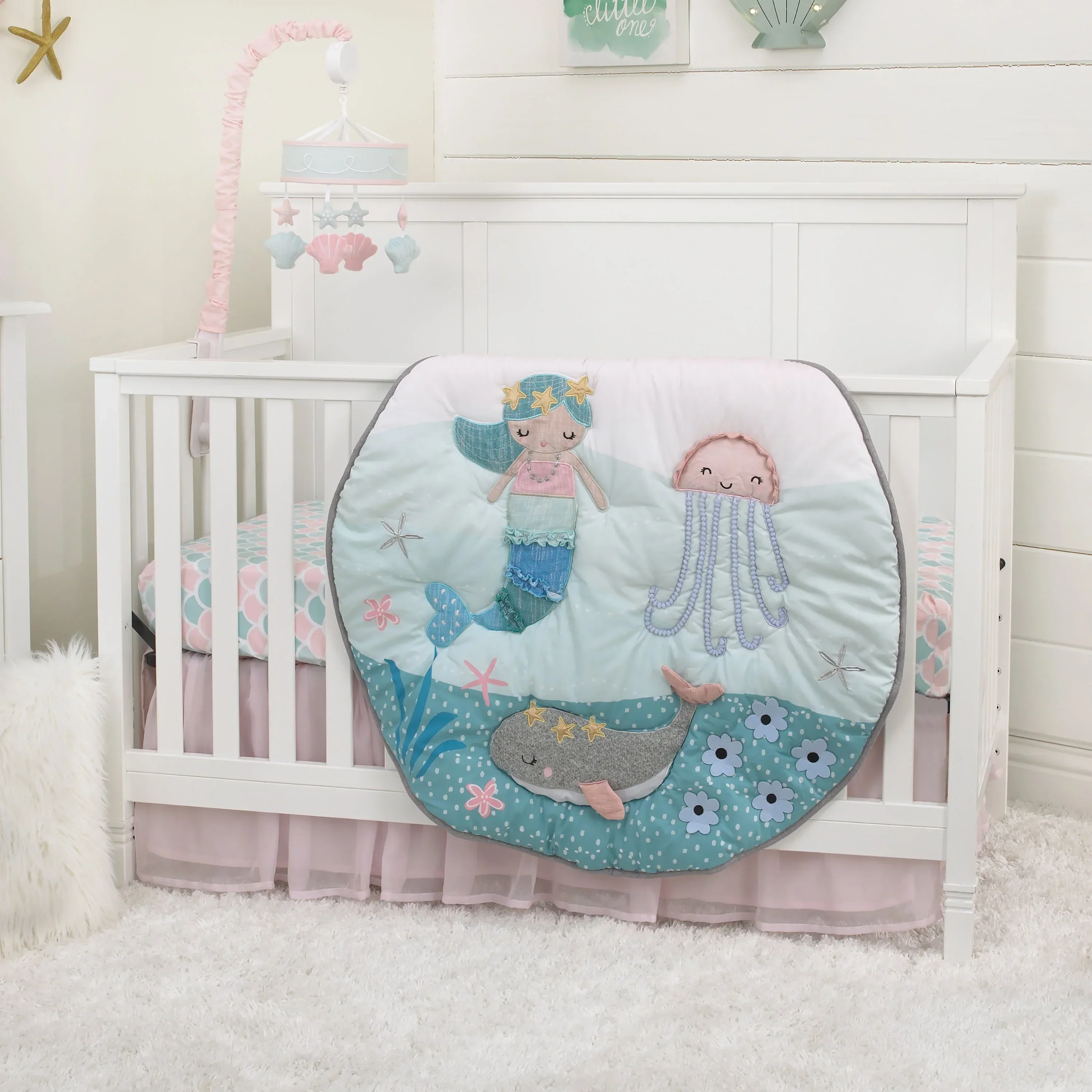 Sugar Reef Mermaid 4 Piece Nursery Crib Bedding Set - Appliqued Round Play Quilt, 100% Cotton Fitted Crib Sheet, Shirred Crib Skirt with 16" Drop, Nursery Organizer - Image 2