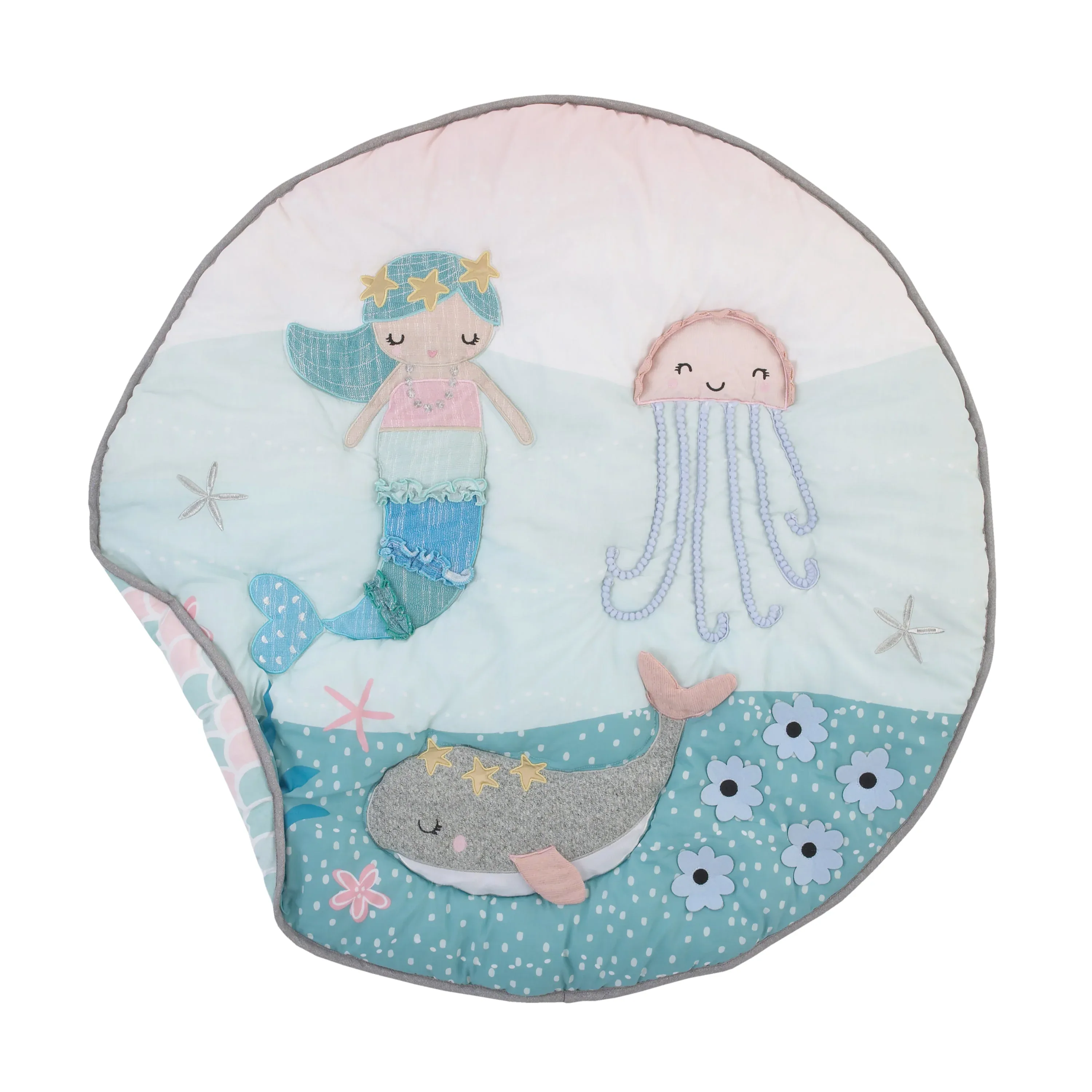 Sugar Reef Mermaid 4 Piece Nursery Crib Bedding Set - Appliqued Round Play Quilt, 100% Cotton Fitted Crib Sheet, Shirred Crib Skirt with 16" Drop, Nursery Organizer - Image 3