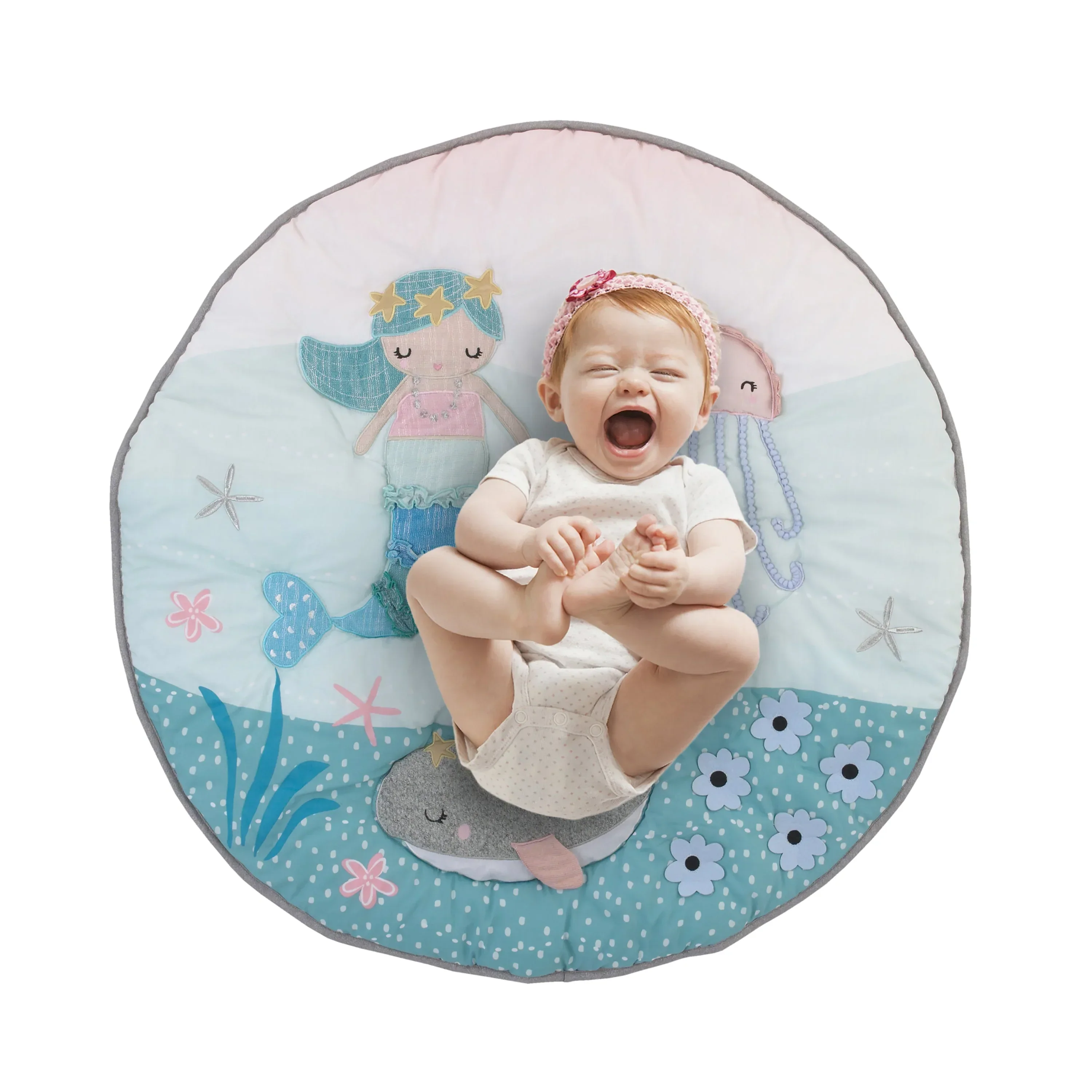 Sugar Reef Mermaid 4 Piece Nursery Crib Bedding Set - Appliqued Round Play Quilt, 100% Cotton Fitted Crib Sheet, Shirred Crib Skirt with 16" Drop, Nursery Organizer - Image 4