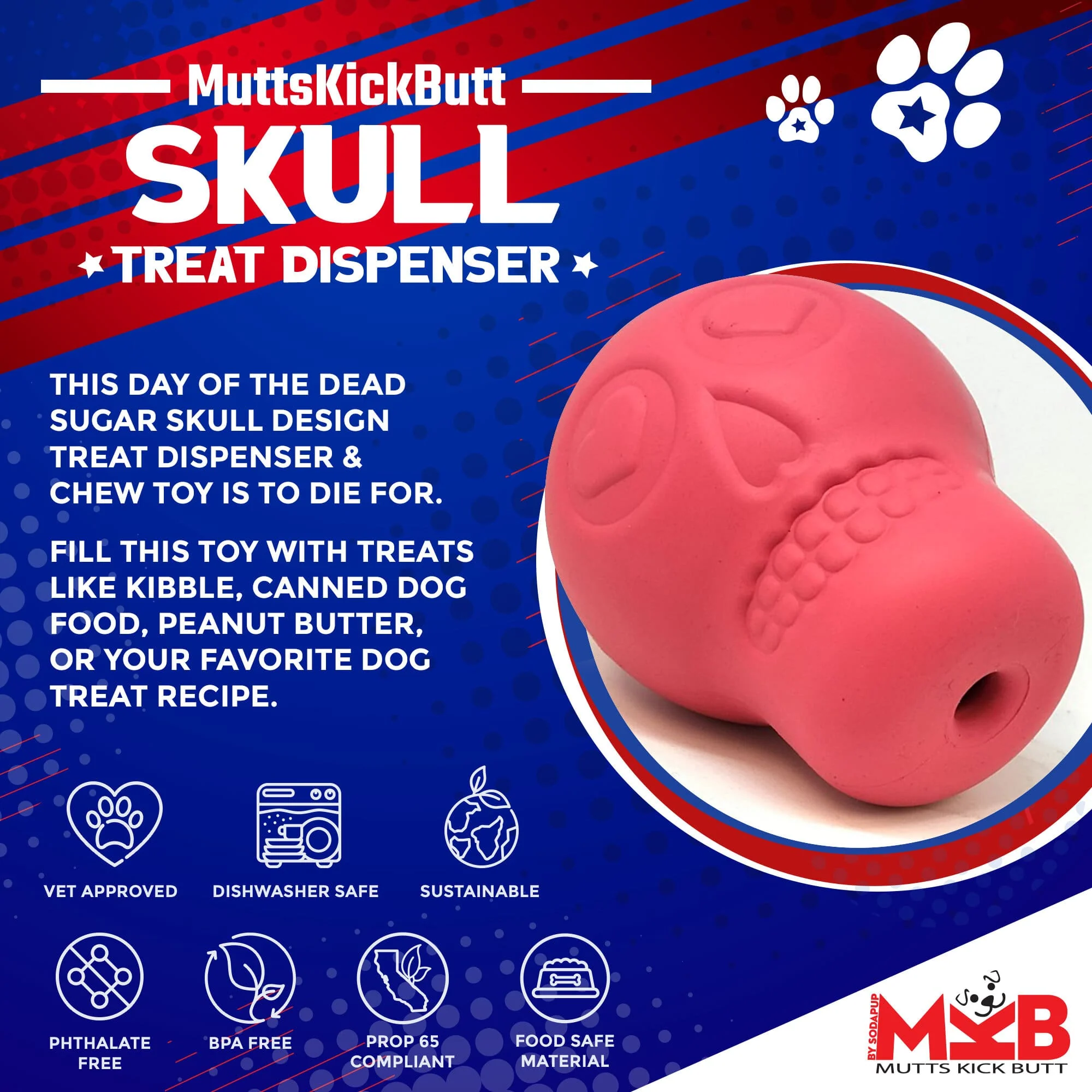 Sugar Skull Dog Chew Toy & Treat Dispenser - USA Made | SodaPup - Image 2