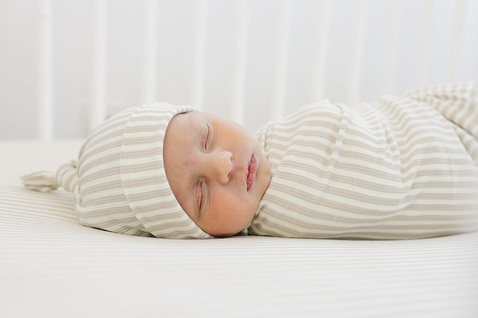 Taupe Stripe Ribbed Bamboo Newborn Knot Hat - Image 2