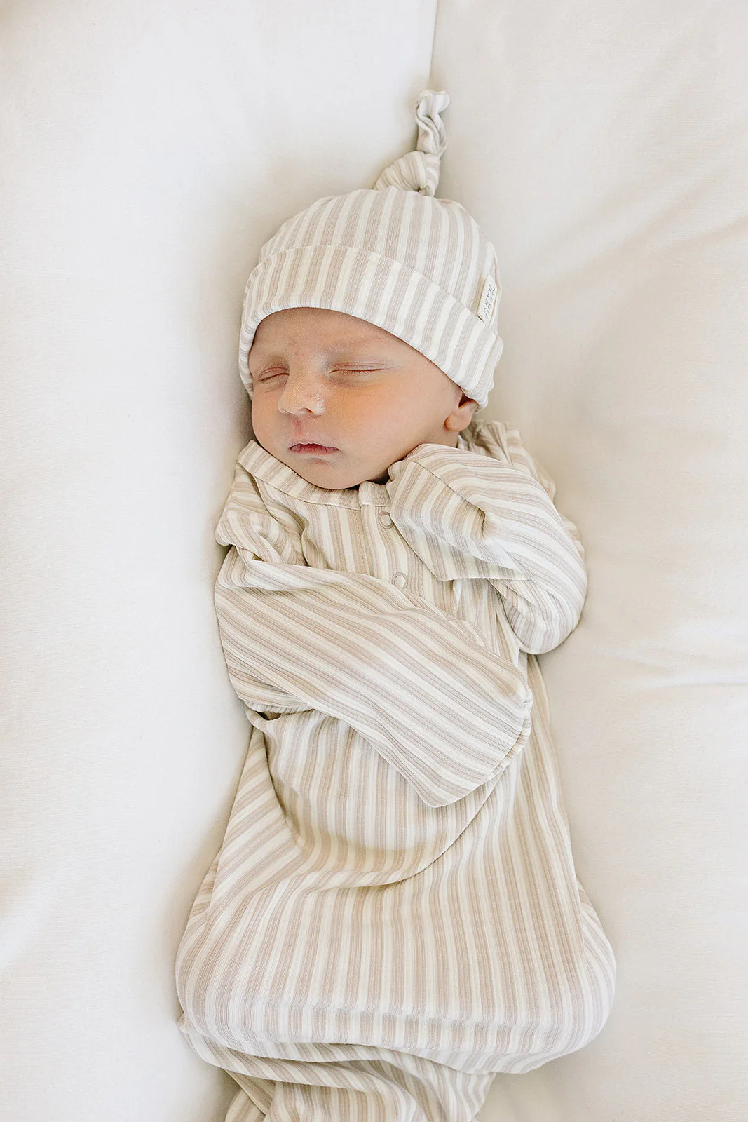 Taupe Stripe Ribbed Bamboo Newborn Knot Hat - Image 3