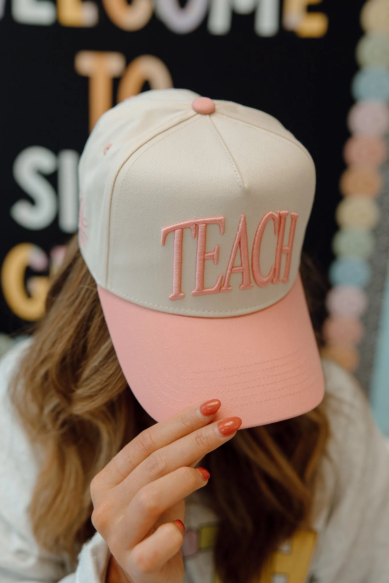 TEACH - Pink Vintage Trucker Hat - Image 5