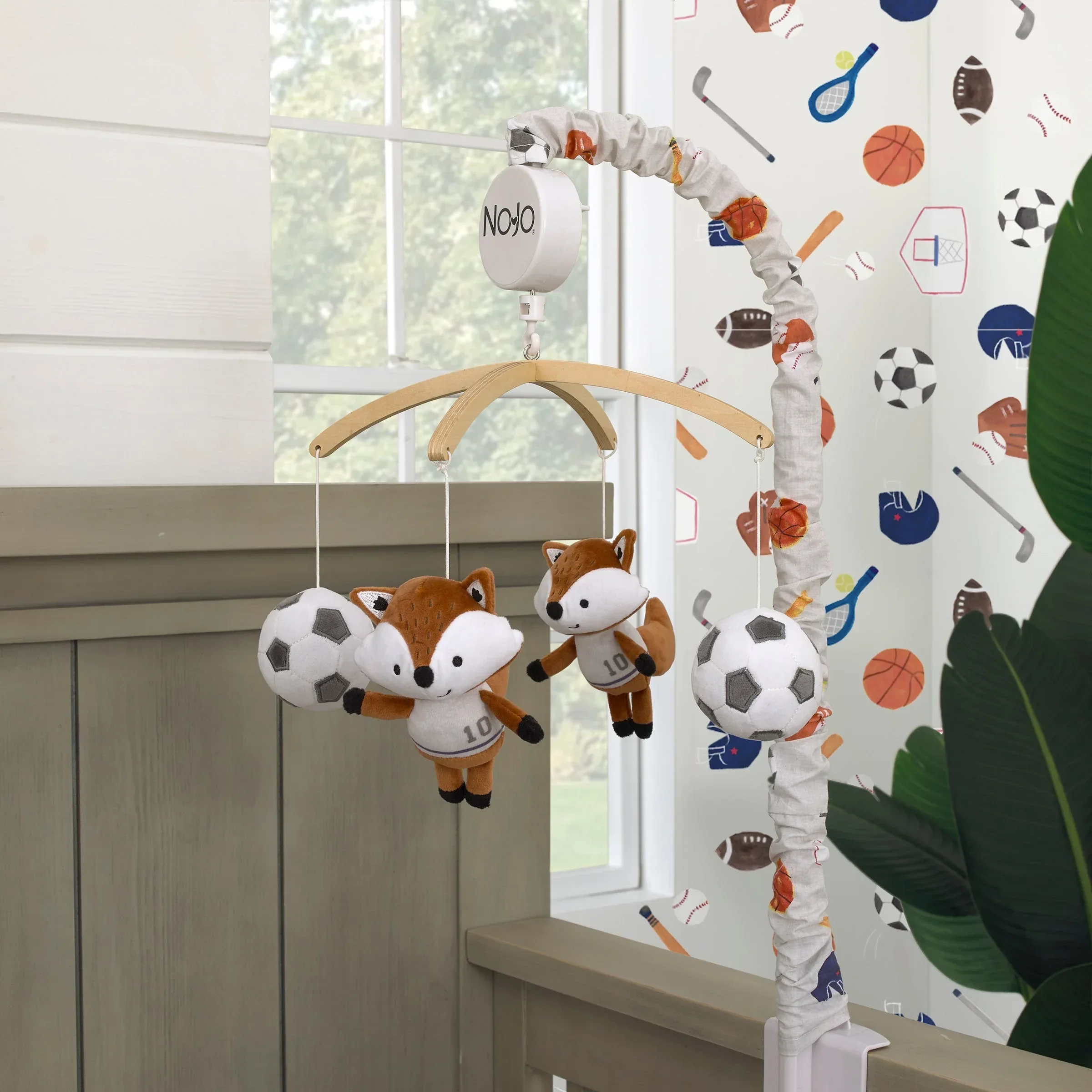 Team All Star Brown, White, Black and Grey, Fox with Soccer Balls Plush Musical Mobile - Image 2