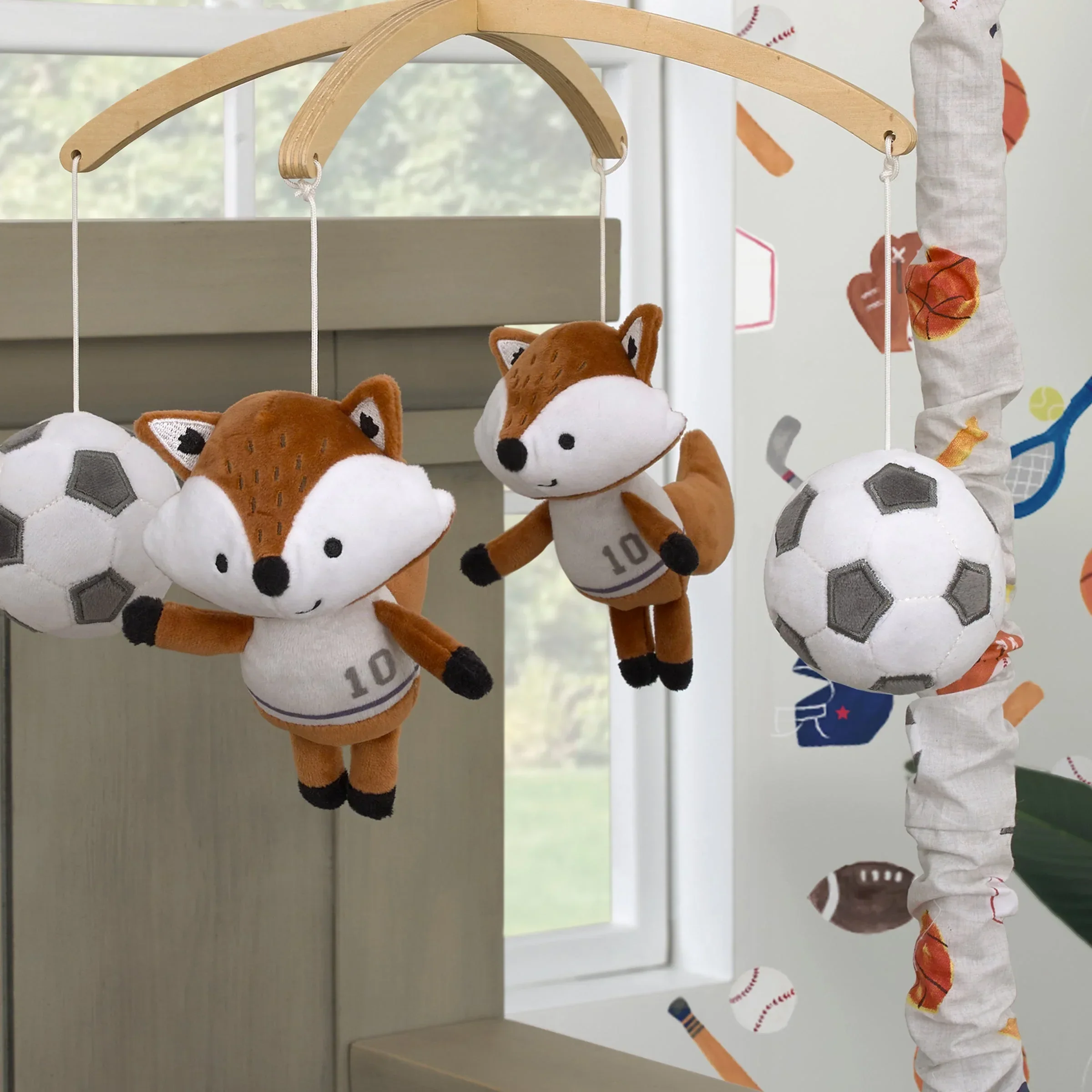 Team All Star Brown, White, Black and Grey, Fox with Soccer Balls Plush Musical Mobile - Image 3