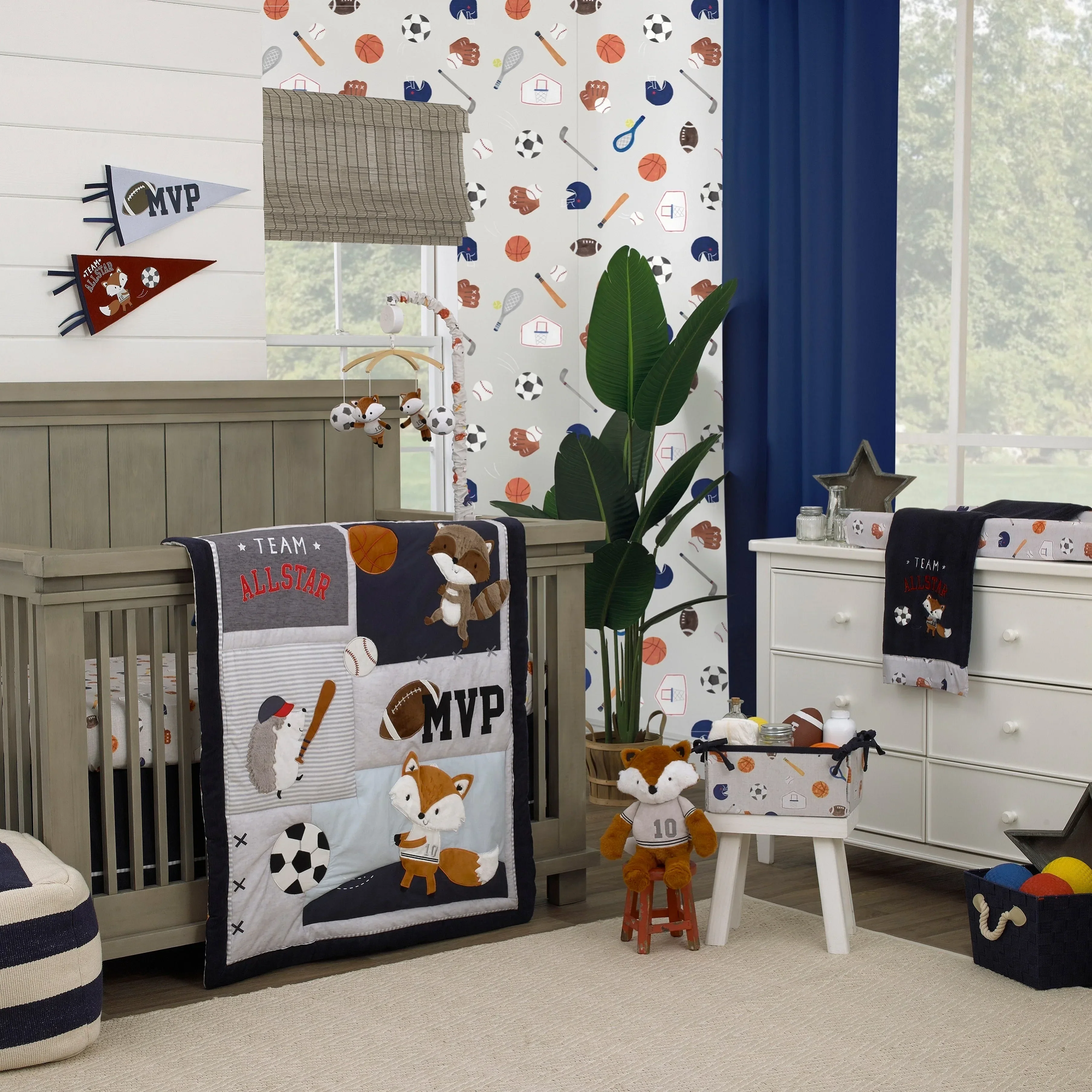 Team All Star Brown, White, Black and Grey, Fox with Soccer Balls Plush Musical Mobile - Image 4