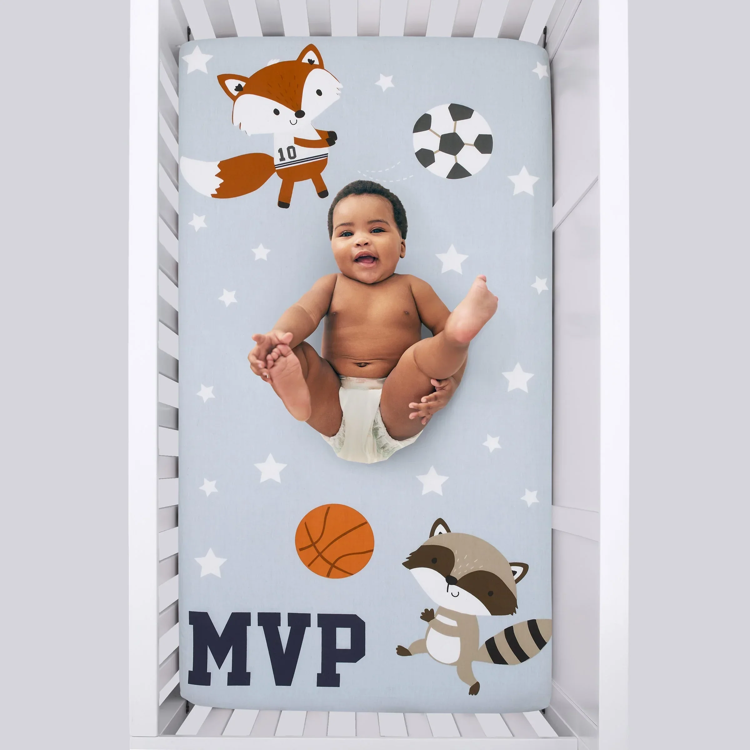 Team All Star Light Blue, Grey, and Orange, MVP Fox and Raccoon Sports Theme with White Stars Photo Op 100% Cotton Fitted Crib Sheet - Image 2
