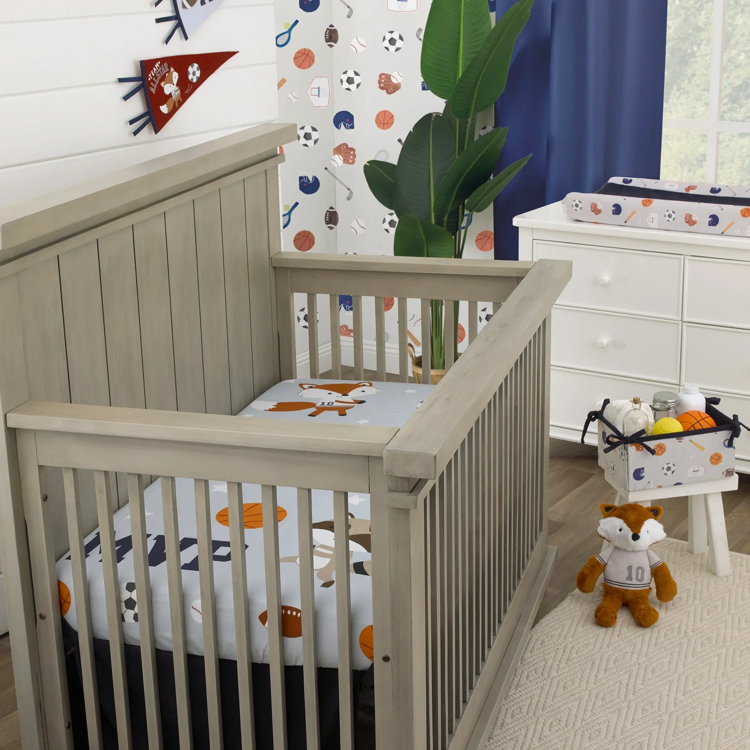 Team All Star Light Blue, Grey, and Orange, MVP Fox and Raccoon Sports Theme with White Stars Photo Op 100% Cotton Fitted Crib Sheet - Image 3