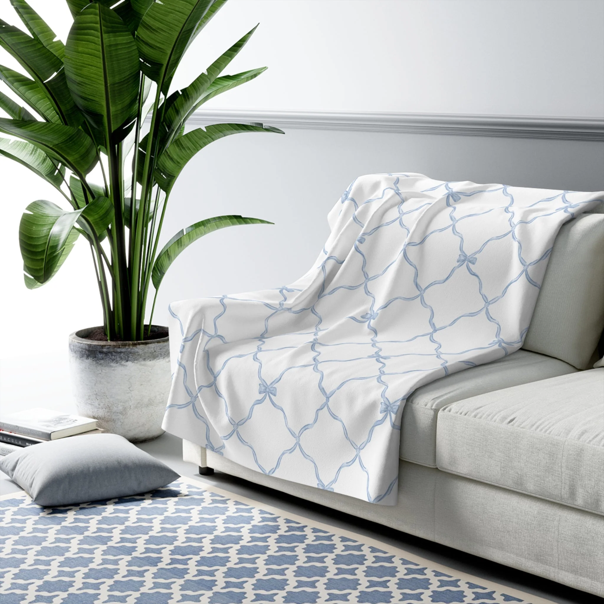 Three Bees Trellis Bow Cozy Sherpa Fleece Blanket - Blue - Image 3