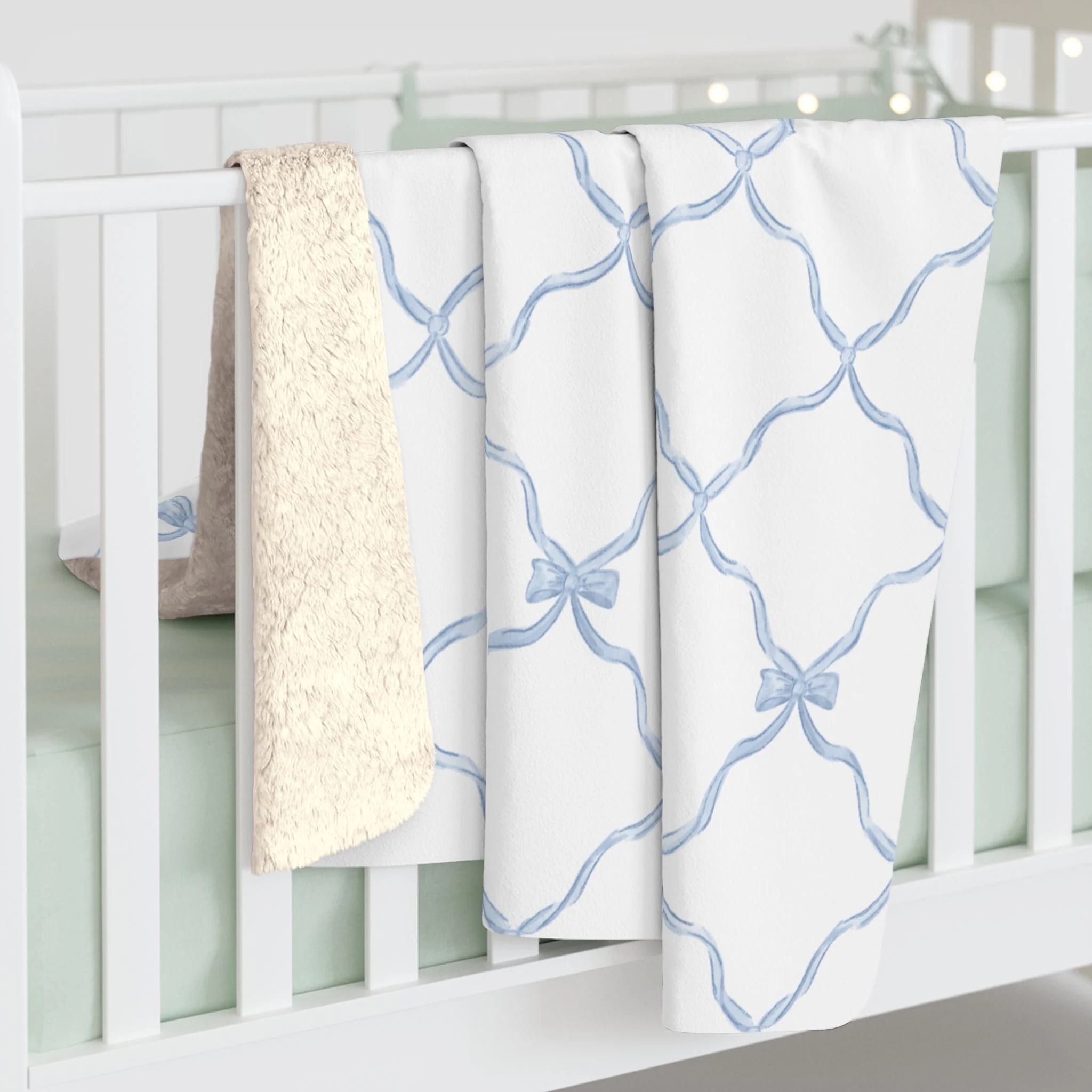 Three Bees Trellis Bow Cozy Sherpa Fleece Blanket - Blue - Image 4