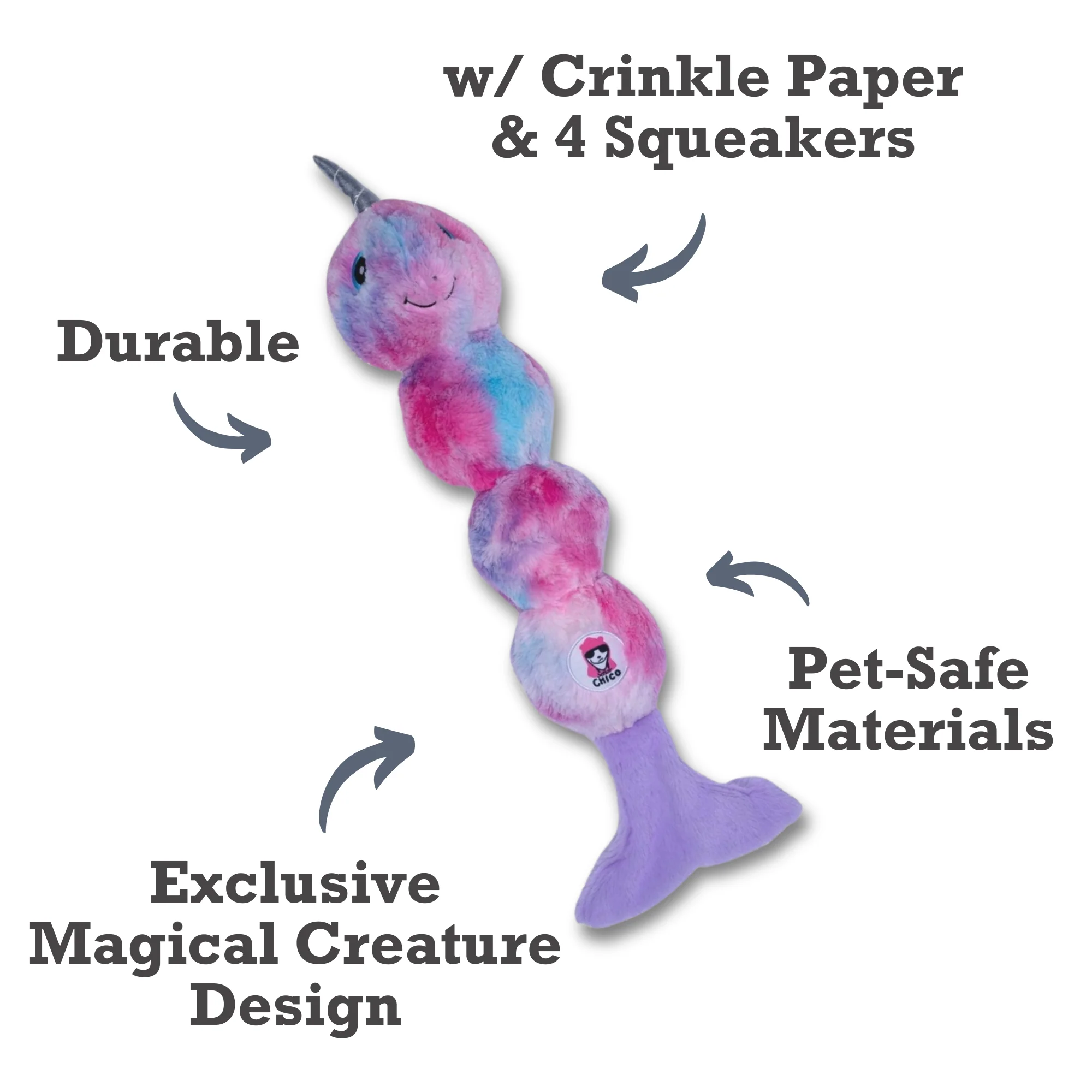 Tie Dye Skinny Narwhal Magical Creature Plush Dog Toy – with Squeaker & Crinkle Paper for Fun Play - Image 5