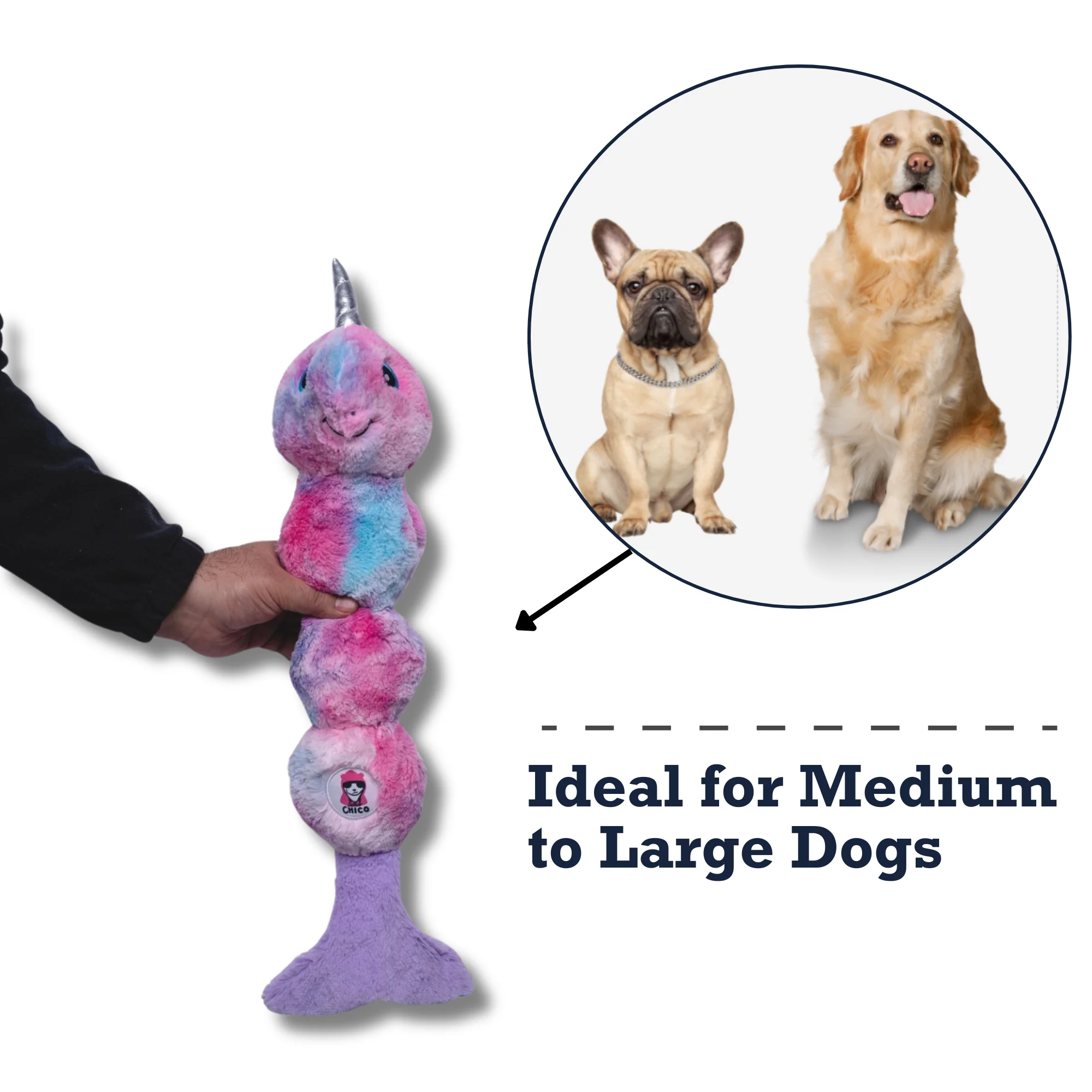 Tie Dye Skinny Narwhal Magical Creature Plush Dog Toy – with Squeaker & Crinkle Paper for Fun Play - Image 6
