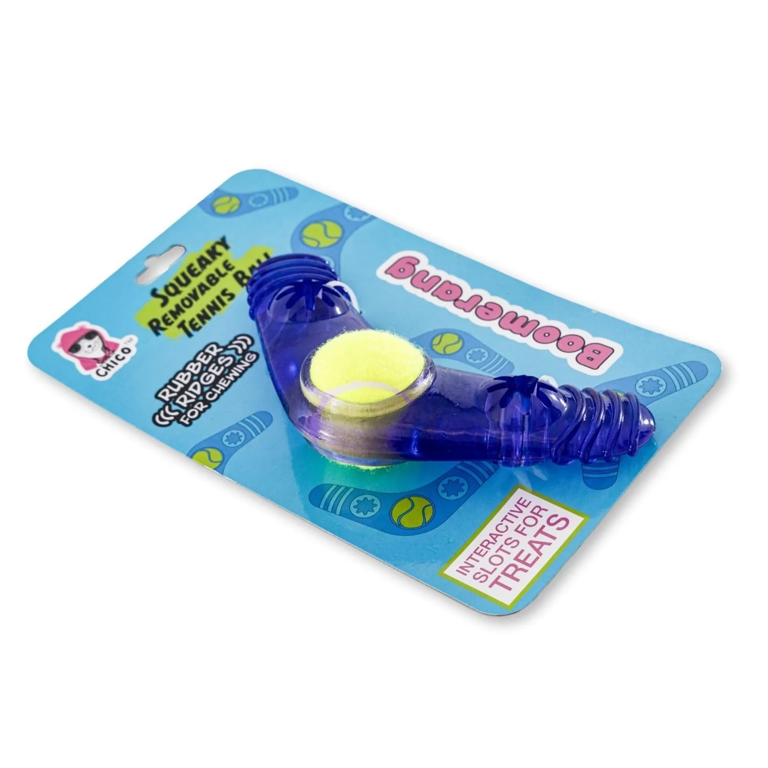 TPR Boomerang Dog Chew Toy with Removable Squeaker Tennis Ball & Treat Fill - Image 4