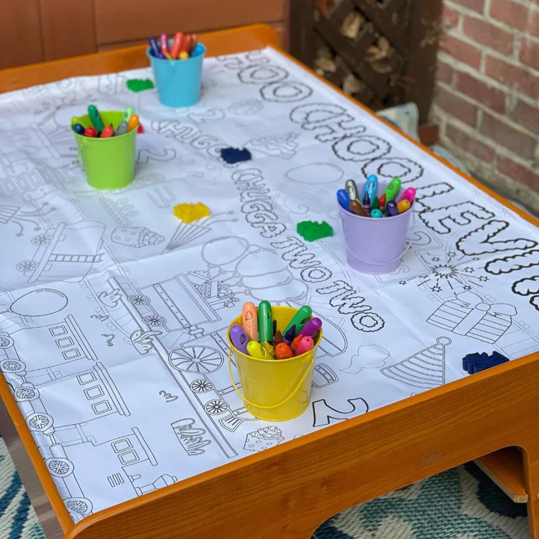 Train Birthday Coloring Tablecloth - Image 2